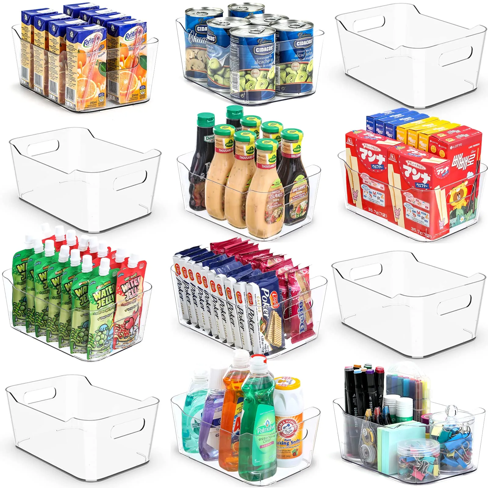 12 PACK Multi-Use Clear Plastic Storage Bins for Organizing w/ Labels - Home, Kitchen, Bathroom, Office, Pantry Cabinet Shelf Organizer Bins - SOHO Collection, RV, Fridge Organization Containers