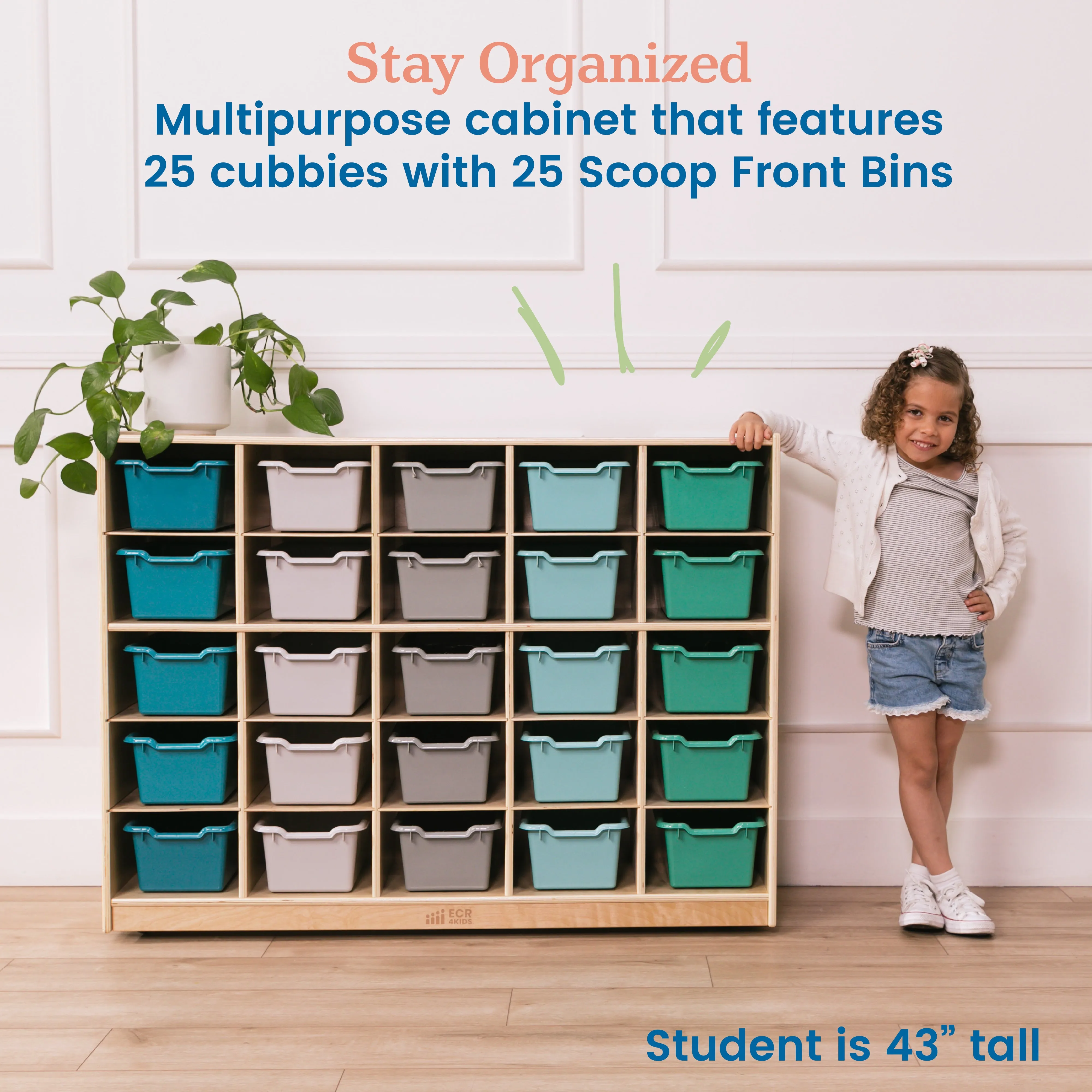 25 Cubby Mobile Tray Cabinet with 25 Scoop Front Storage Bins, Natural