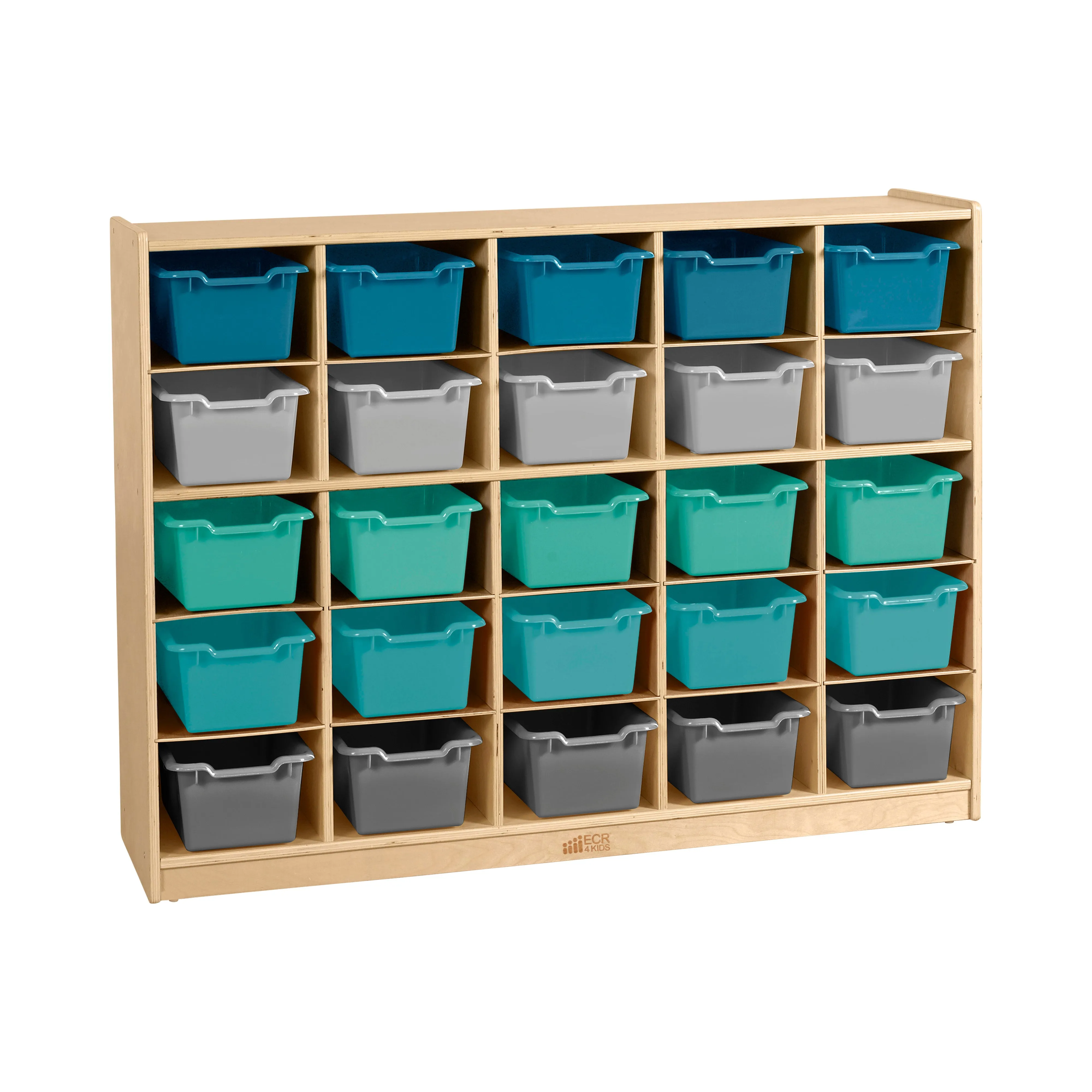 25 Cubby Mobile Tray Cabinet with 25 Scoop Front Storage Bins, Natural