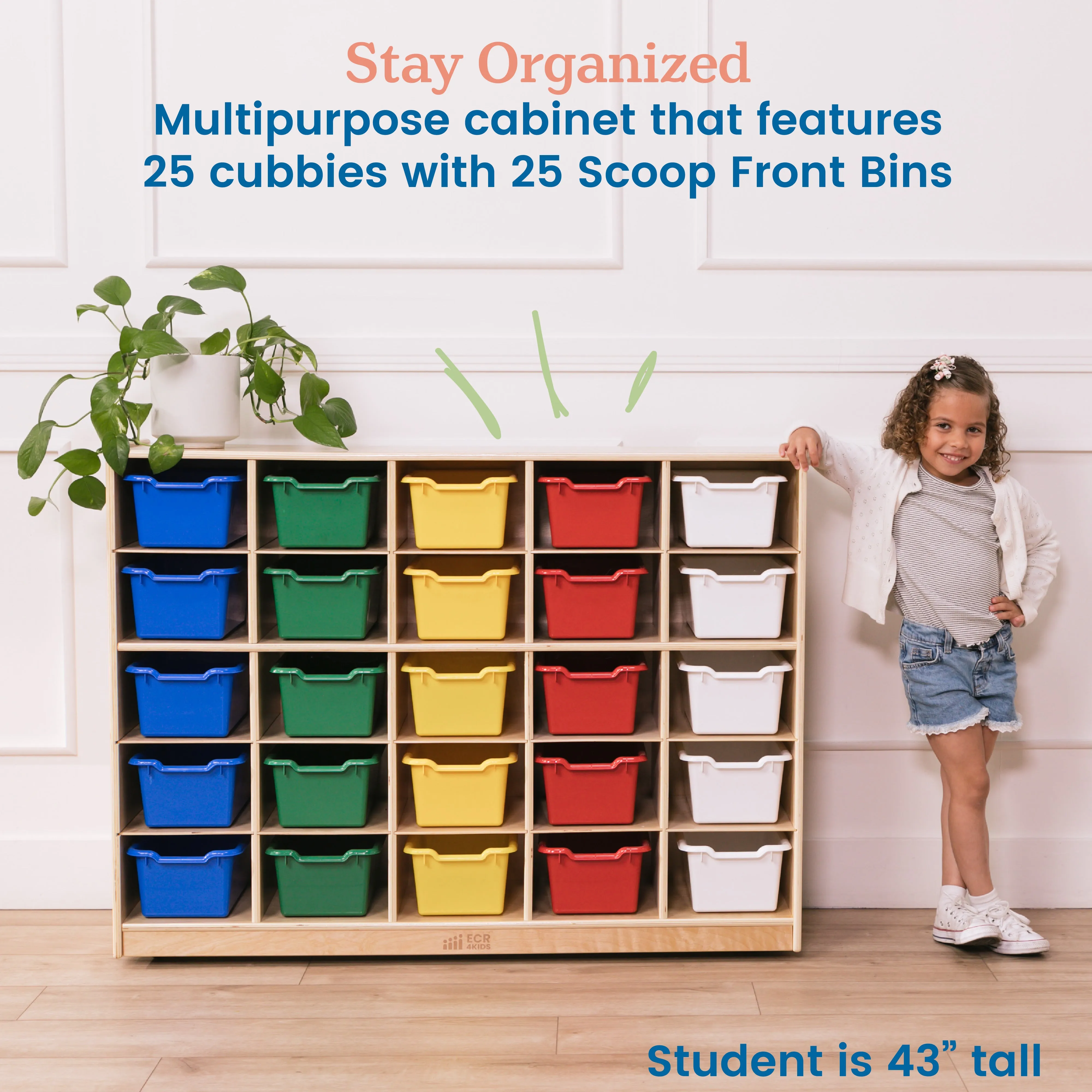 25 Cubby Mobile Tray Cabinet with 25 Scoop Front Storage Bins, Natural