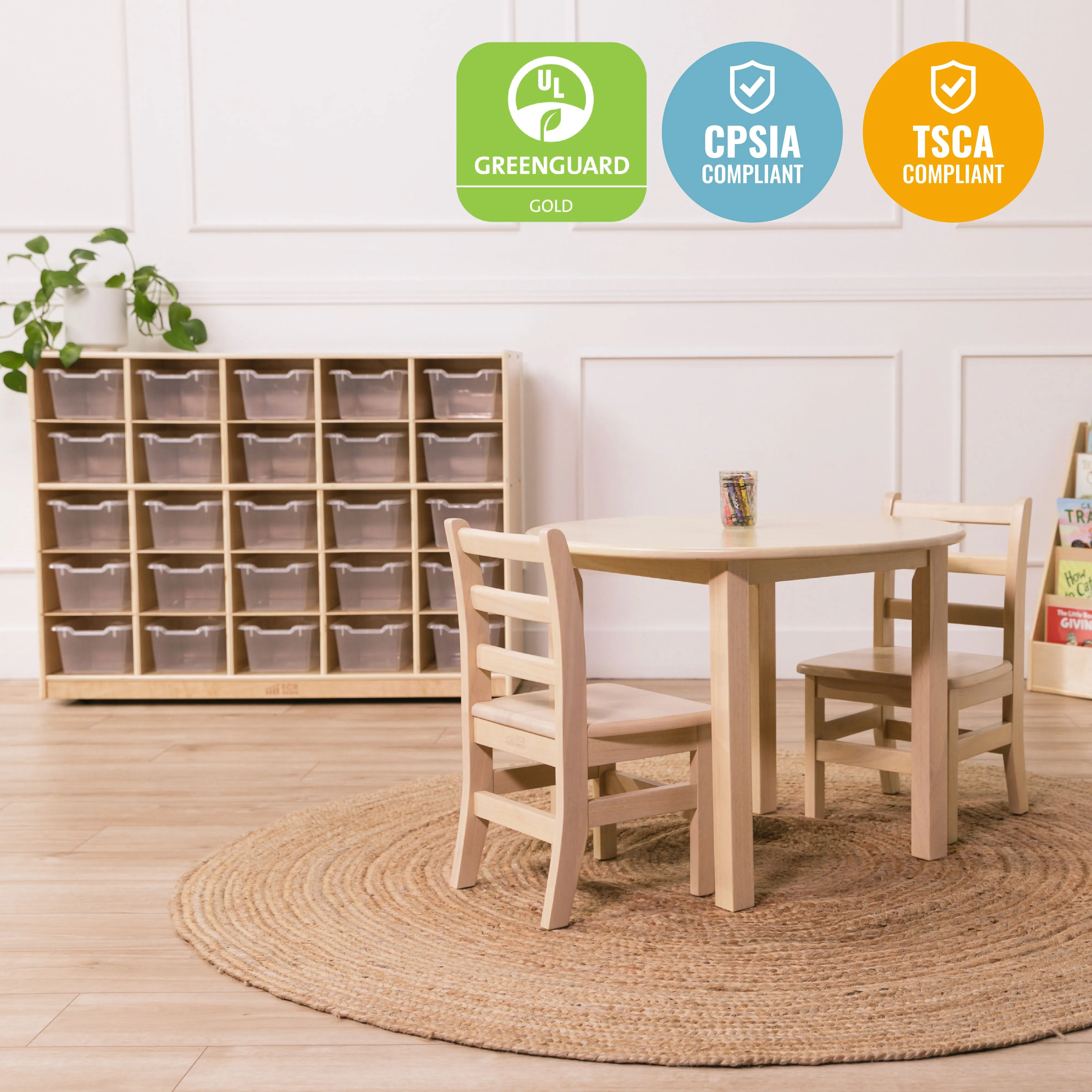 25 Cubby Mobile Tray Cabinet with 25 Scoop Front Storage Bins, Natural
