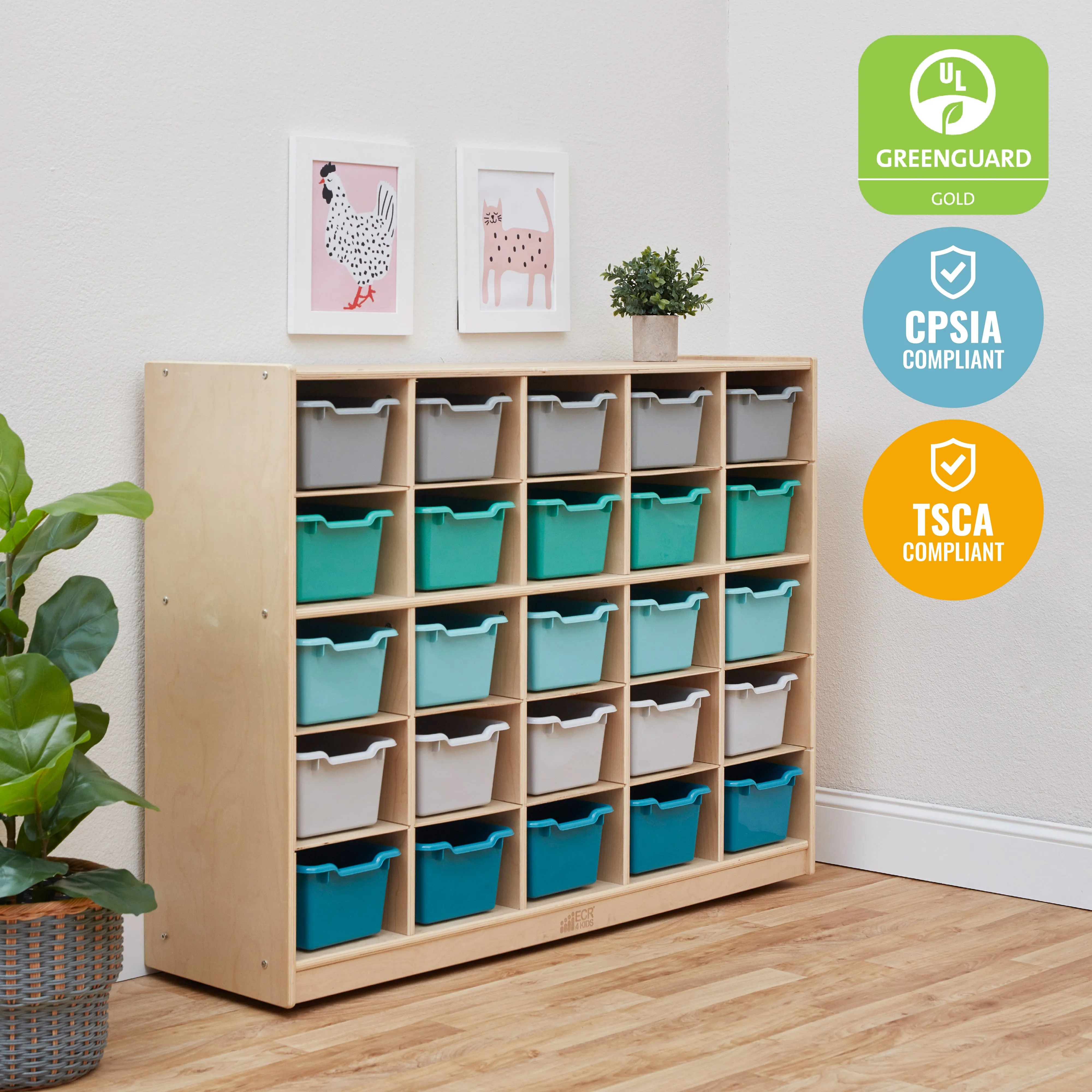 25 Cubby Mobile Tray Cabinet with 25 Scoop Front Storage Bins, Natural
