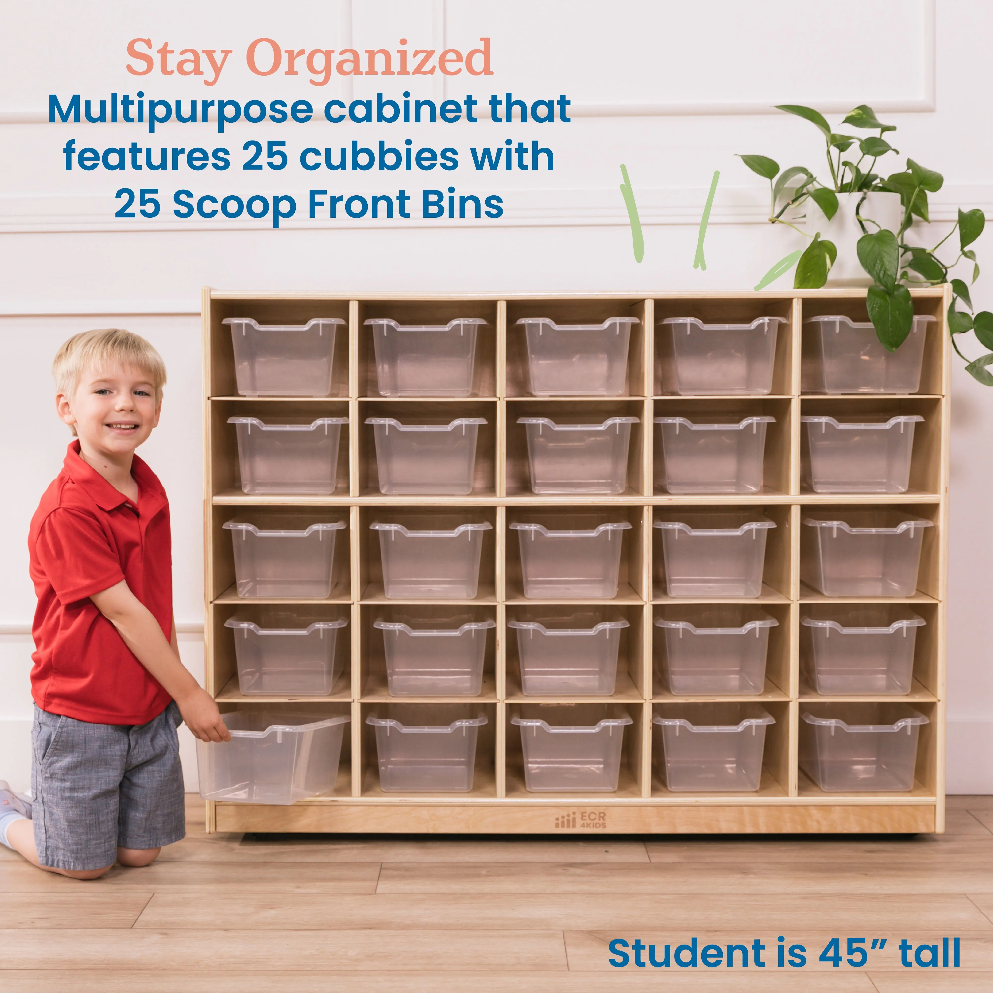 25 Cubby Mobile Tray Cabinet with 25 Scoop Front Storage Bins, Natural