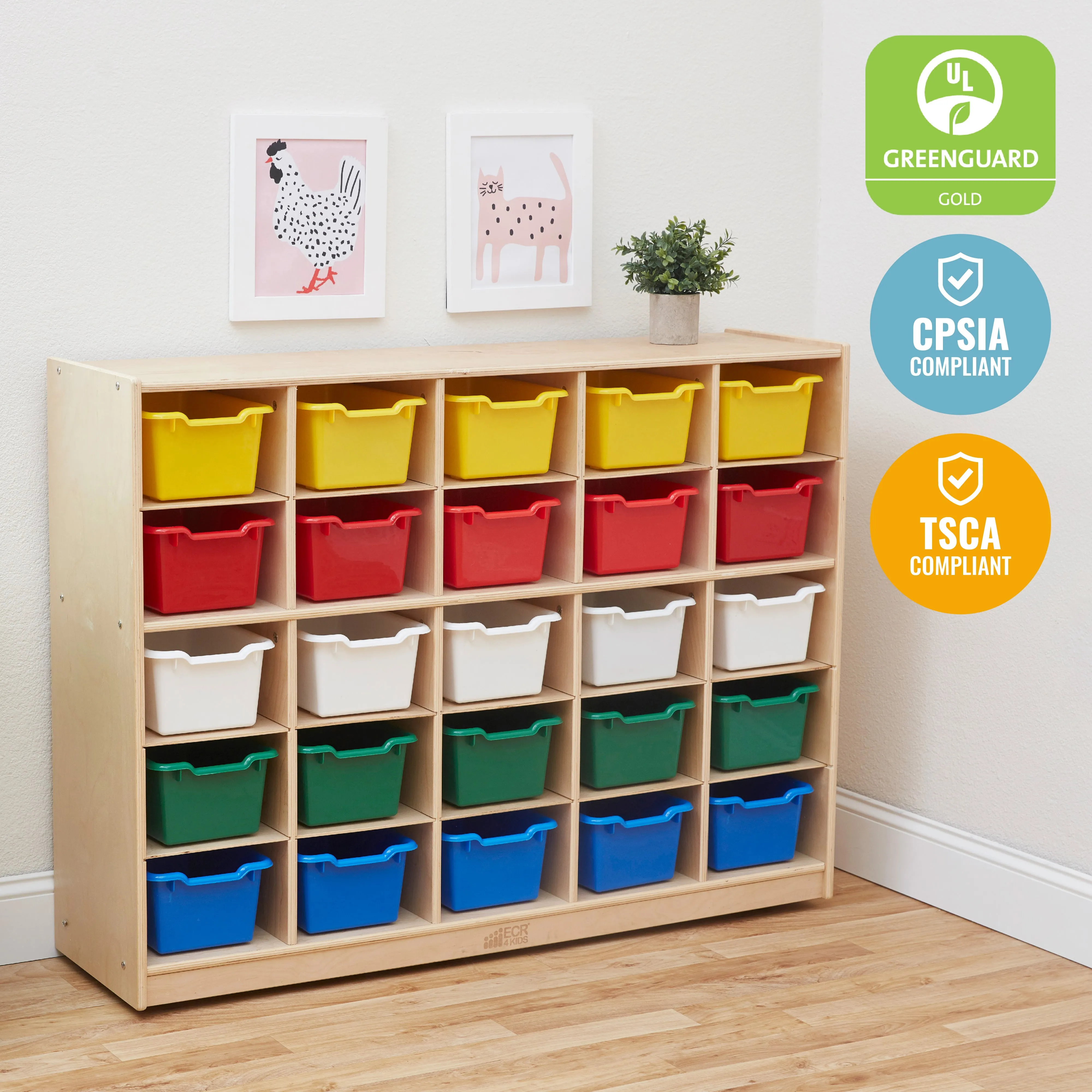 25 Cubby Mobile Tray Cabinet with 25 Scoop Front Storage Bins, Natural
