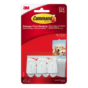 3M Command White Micro Hooks 225 gm 3 Hooks/4 Strips