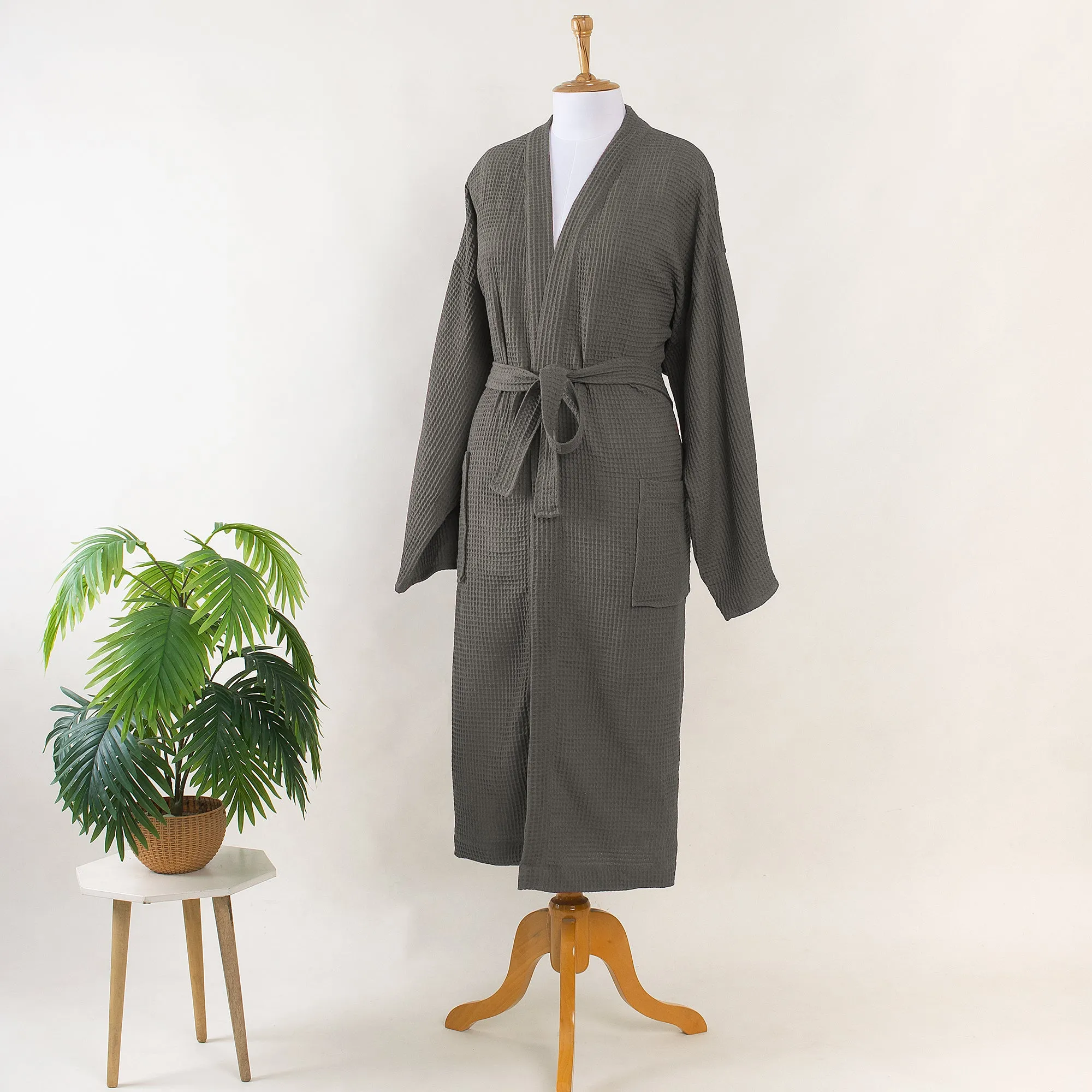 Bathrobe Solid Waffle Robe With Belt for Men and Women