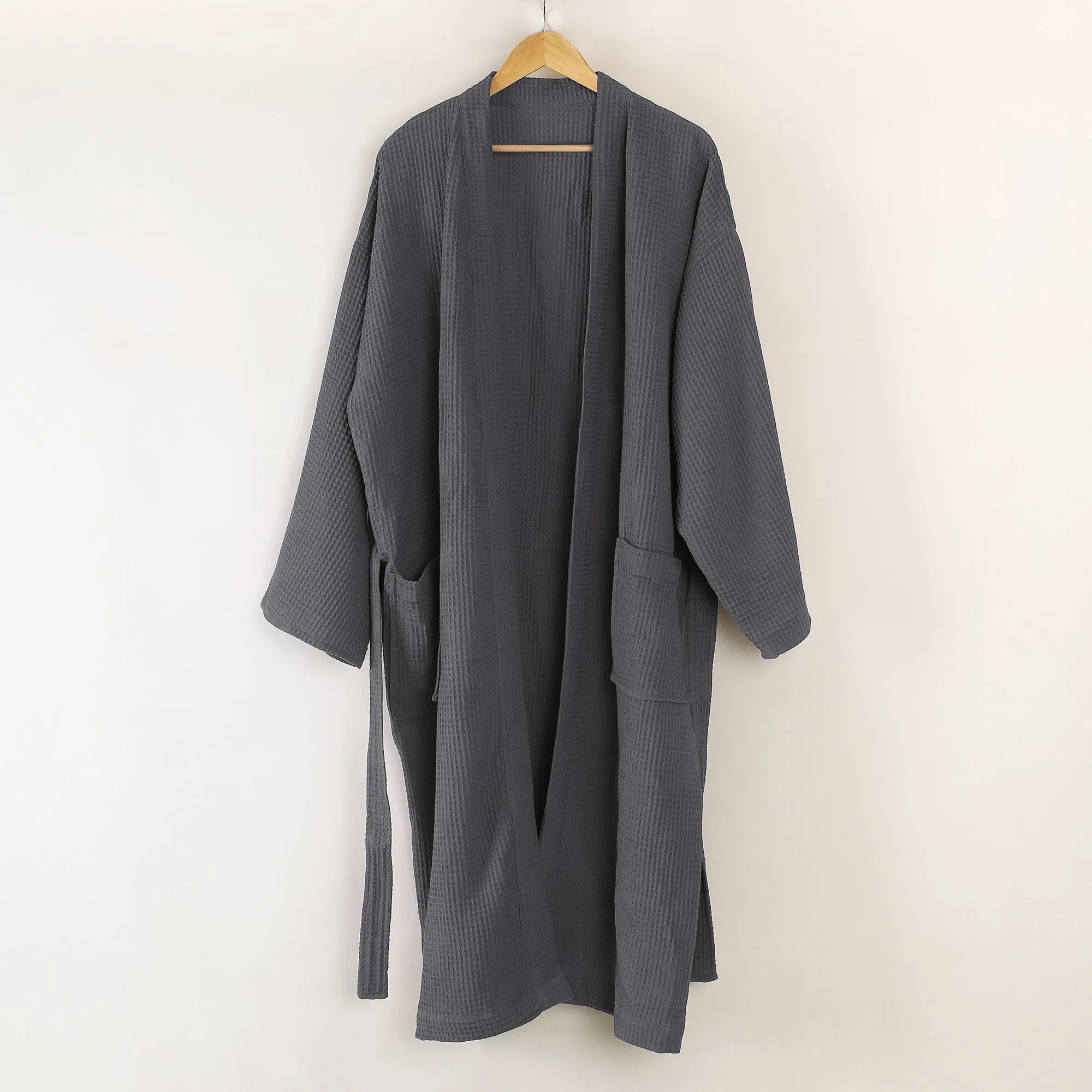 Bathrobe Solid Waffle Robe With Belt for Men and Women