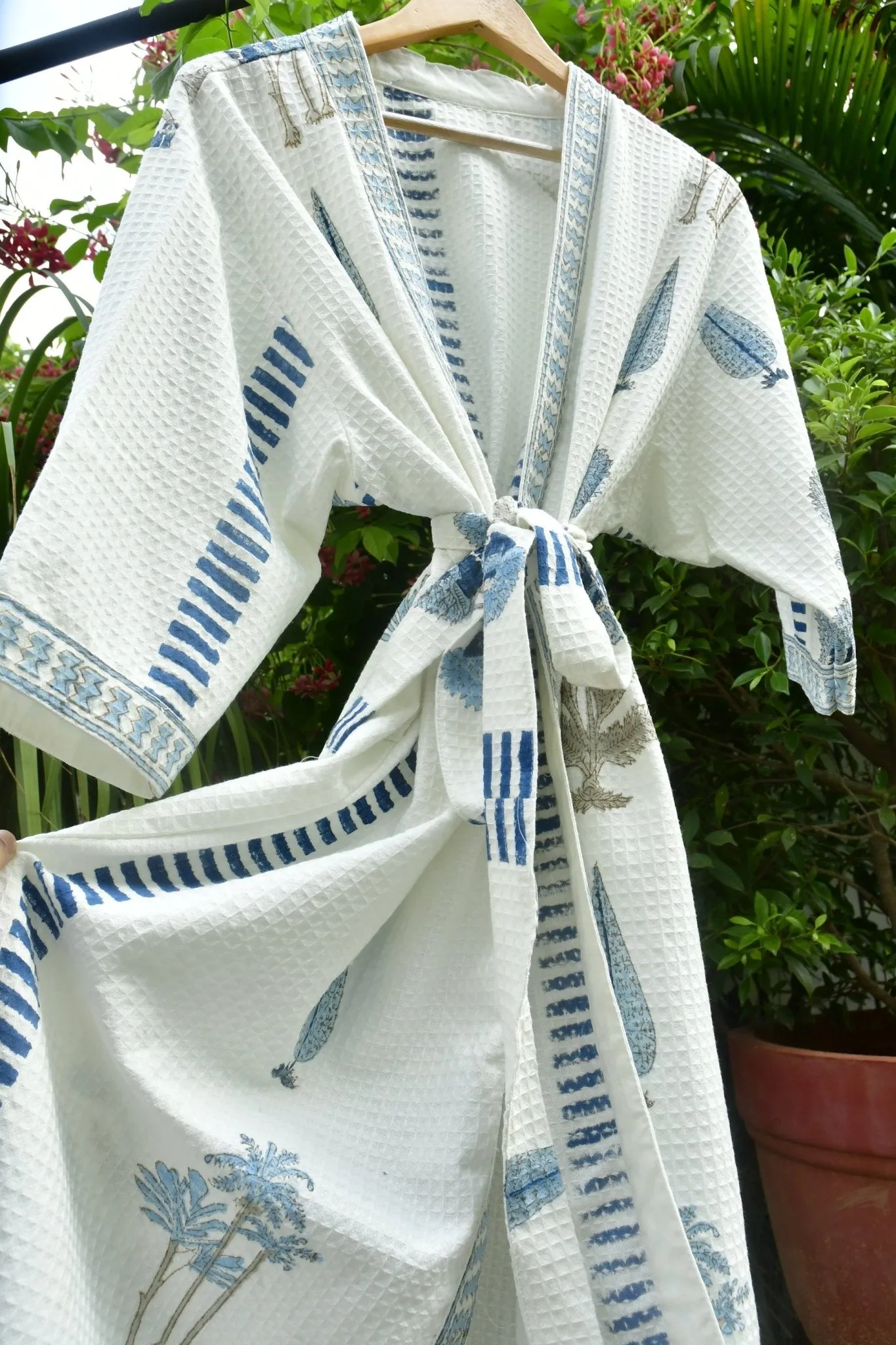 Blue Poppy and Cypress leaf Waffle Cotton Bathrobe (Eco-Friendly Luxury)