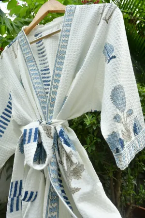 Blue Poppy and Cypress leaf Waffle Cotton Bathrobe (Eco-Friendly Luxury)