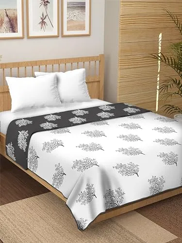 Dream Dwell 100% Pure Cotton Reversible Dohar/AC Blanket for Double Bed |All Weather Light Weight | Floral Design Dohar| Cedar Flower Black and White-Pack of 1