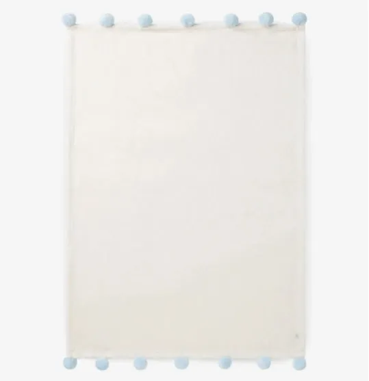 Elegant Baby Blue Poms Trim Fleece Baby Stroller Blanket