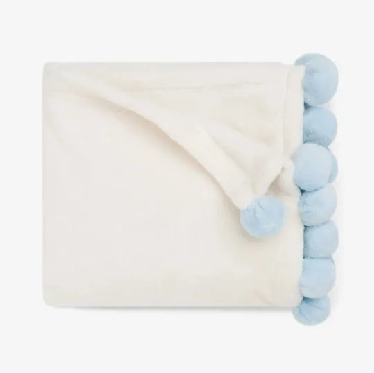 Elegant Baby Blue Poms Trim Fleece Baby Stroller Blanket