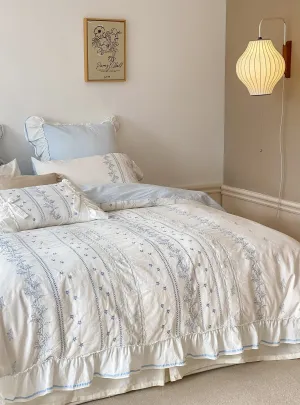 Embroidered French Lace Ruffle Duvet Cover / Blue