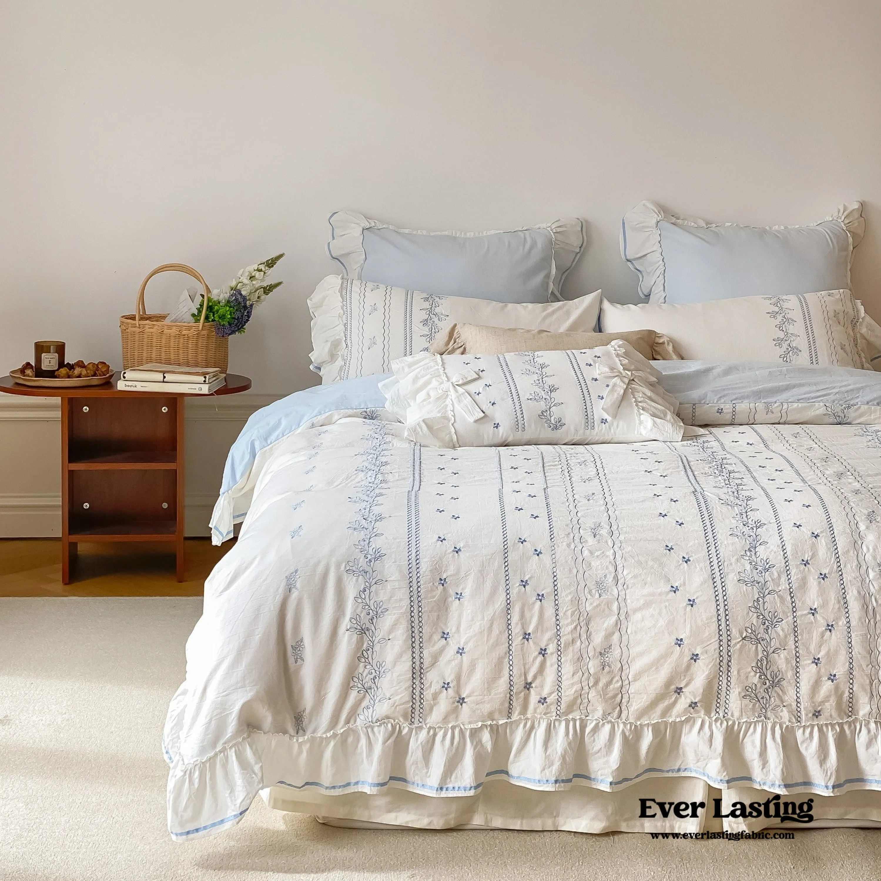 Embroidered French Lace Ruffle Duvet Cover / Blue