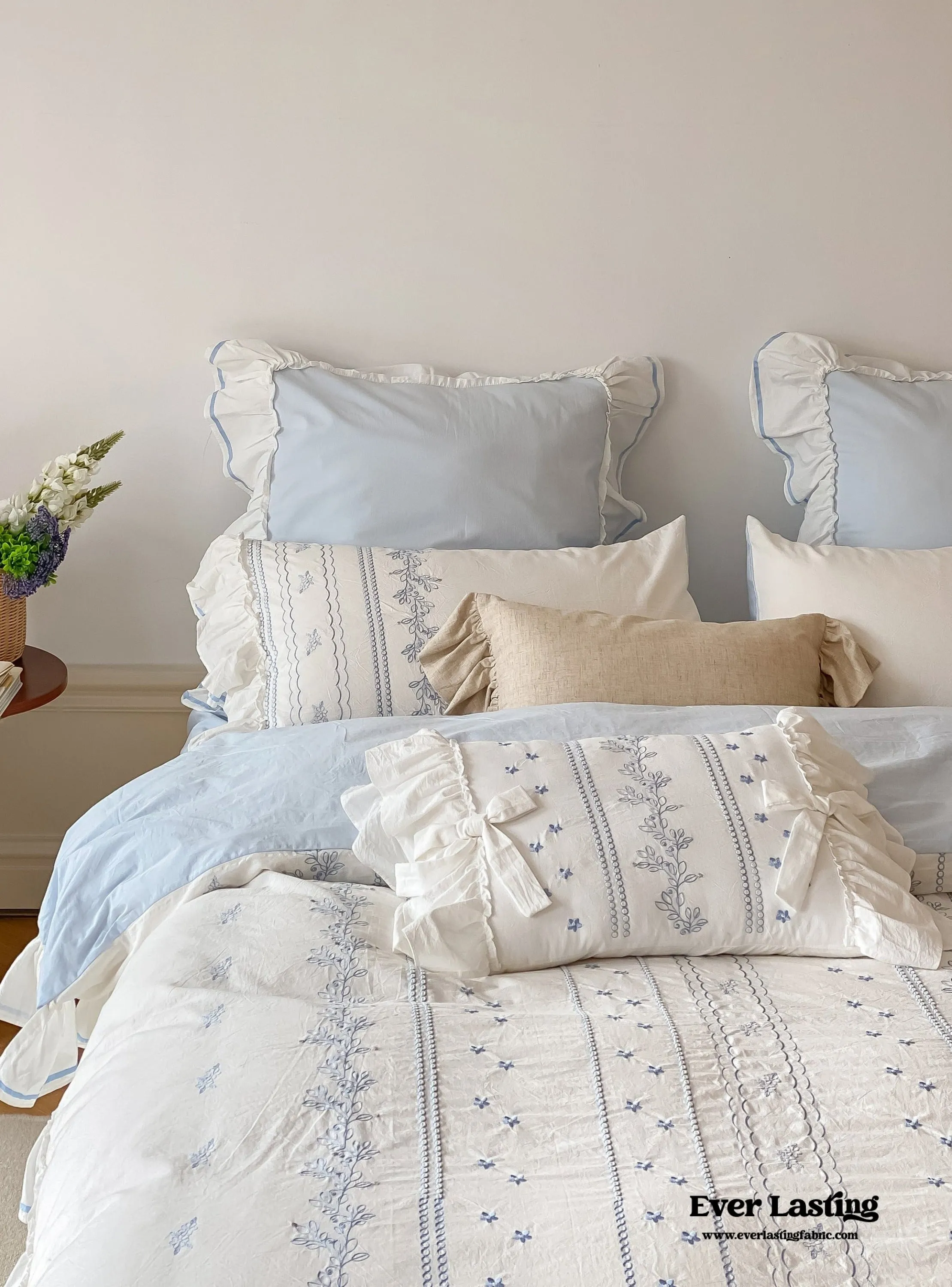 Embroidered French Lace Ruffle Duvet Cover / Blue