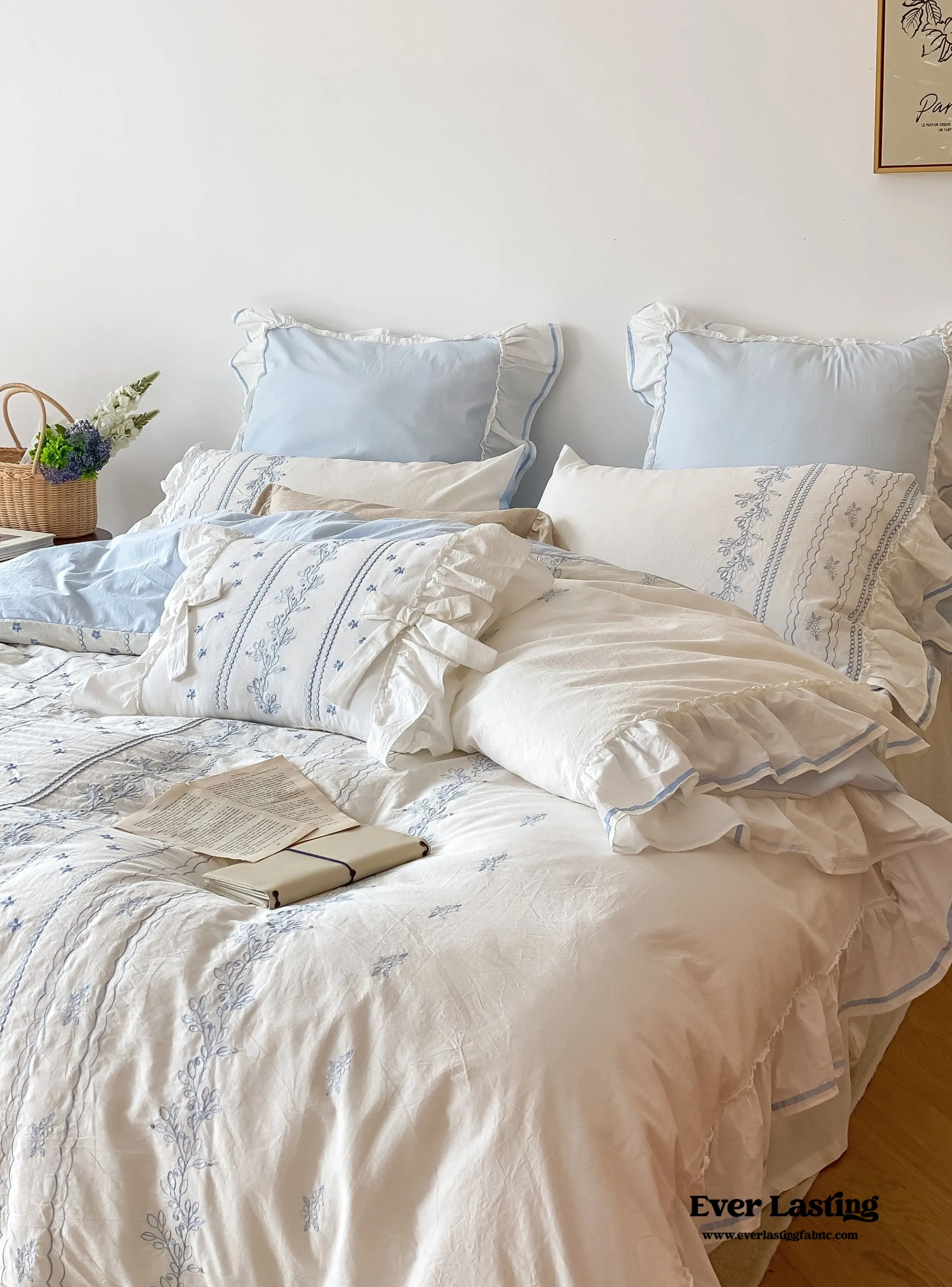 Embroidered French Lace Ruffle Duvet Cover / Blue