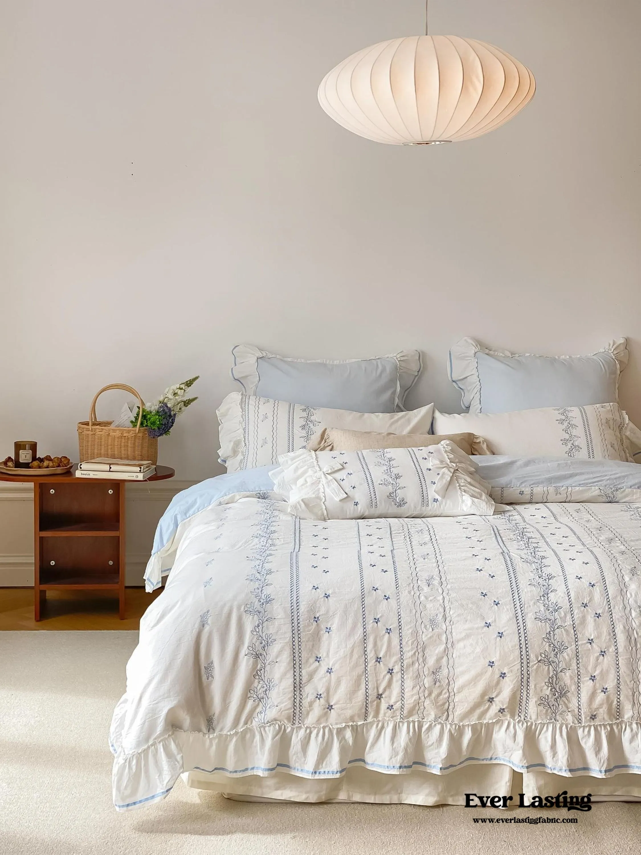 Embroidered French Lace Ruffle Duvet Cover / Blue