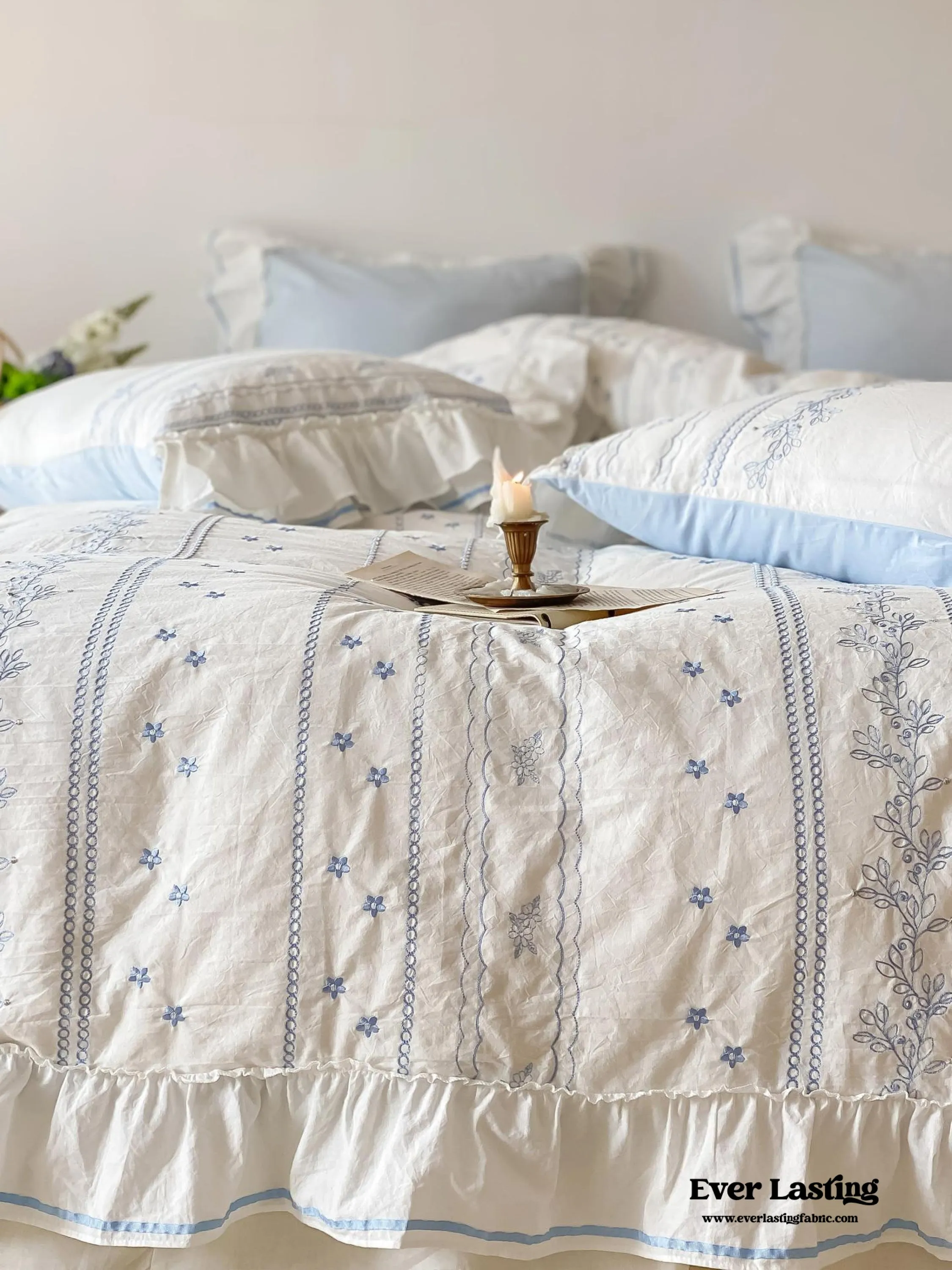 Embroidered French Lace Ruffle Duvet Cover / Blue