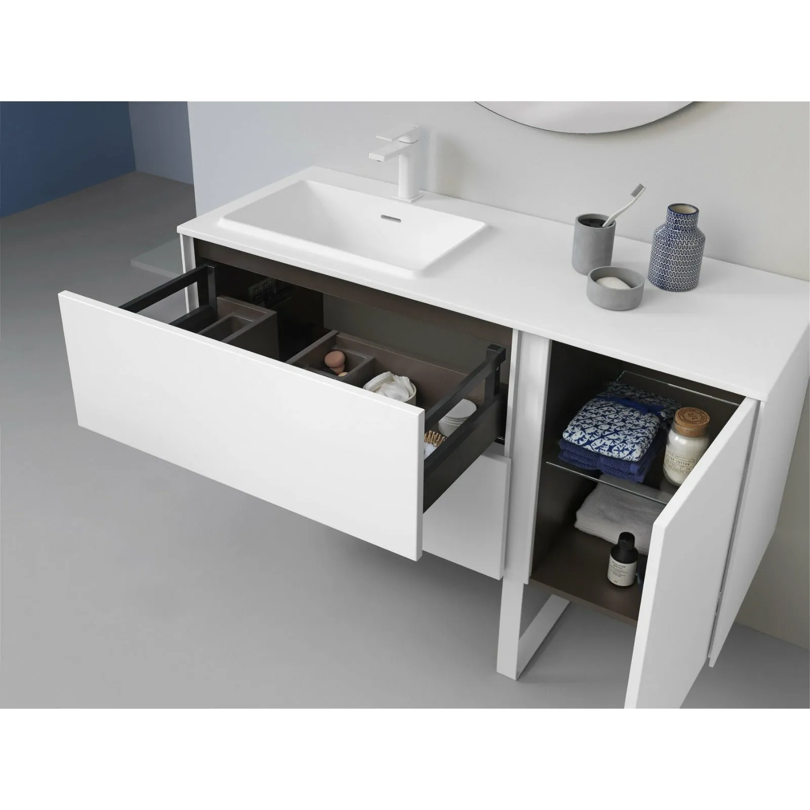 Frontline Matt White Floor Standing Bluetooth Vanity Unit with Ceramic Moon Basin & Slatted Leg (900mm)