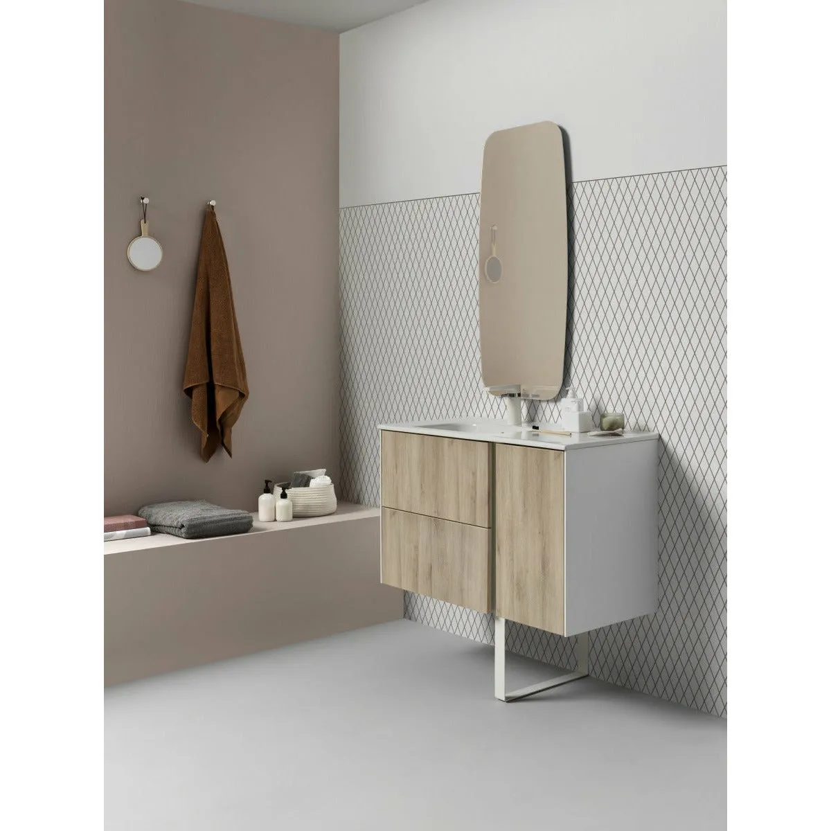 Frontline Oak Floor Standing Vanity Bluetooth Vanity Unit with Solid Surface Basin & Slatted Leg (900mm)