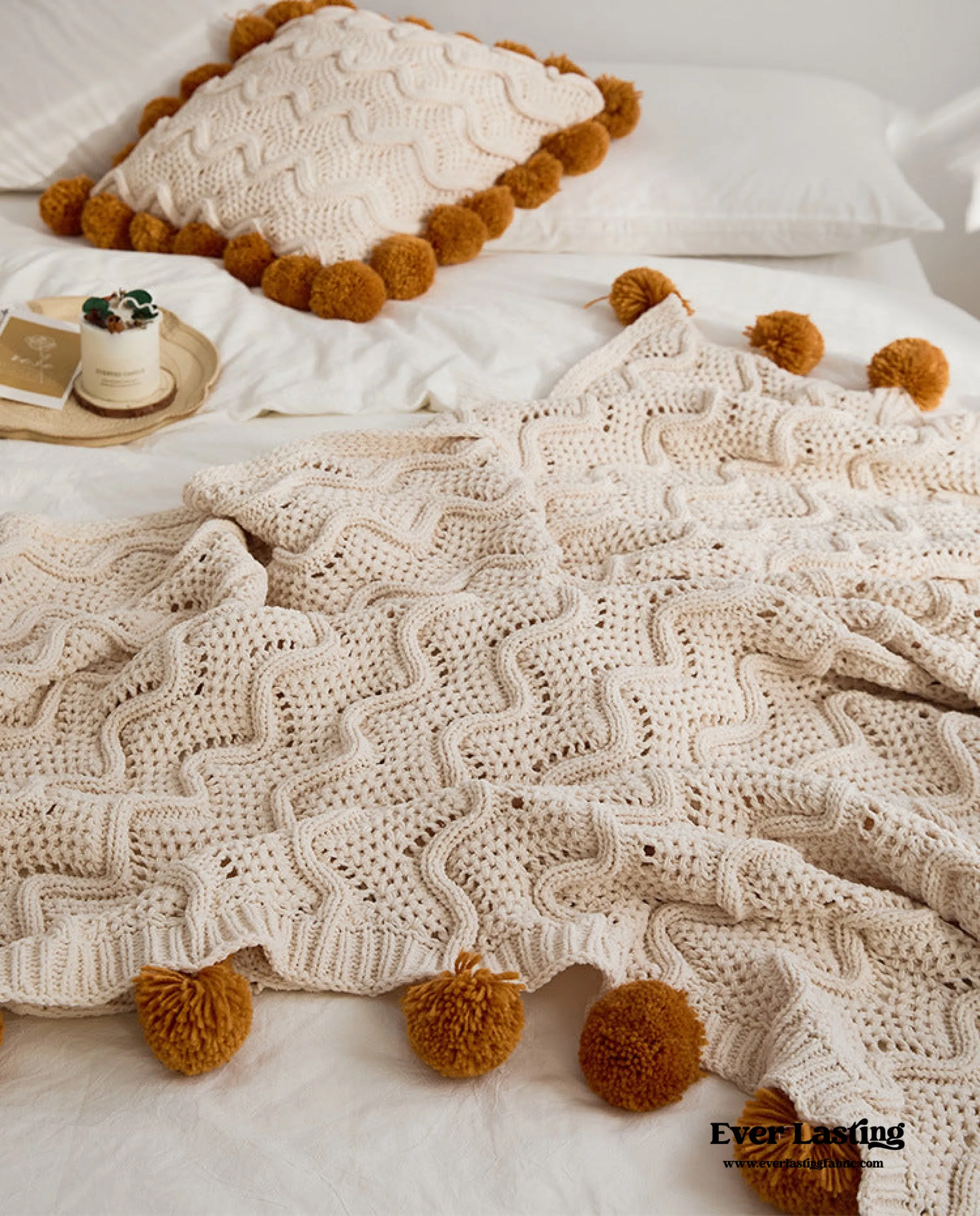 Fuzzy Ball Plush Knit Blanket & Pillow Set / Fire Brick Red