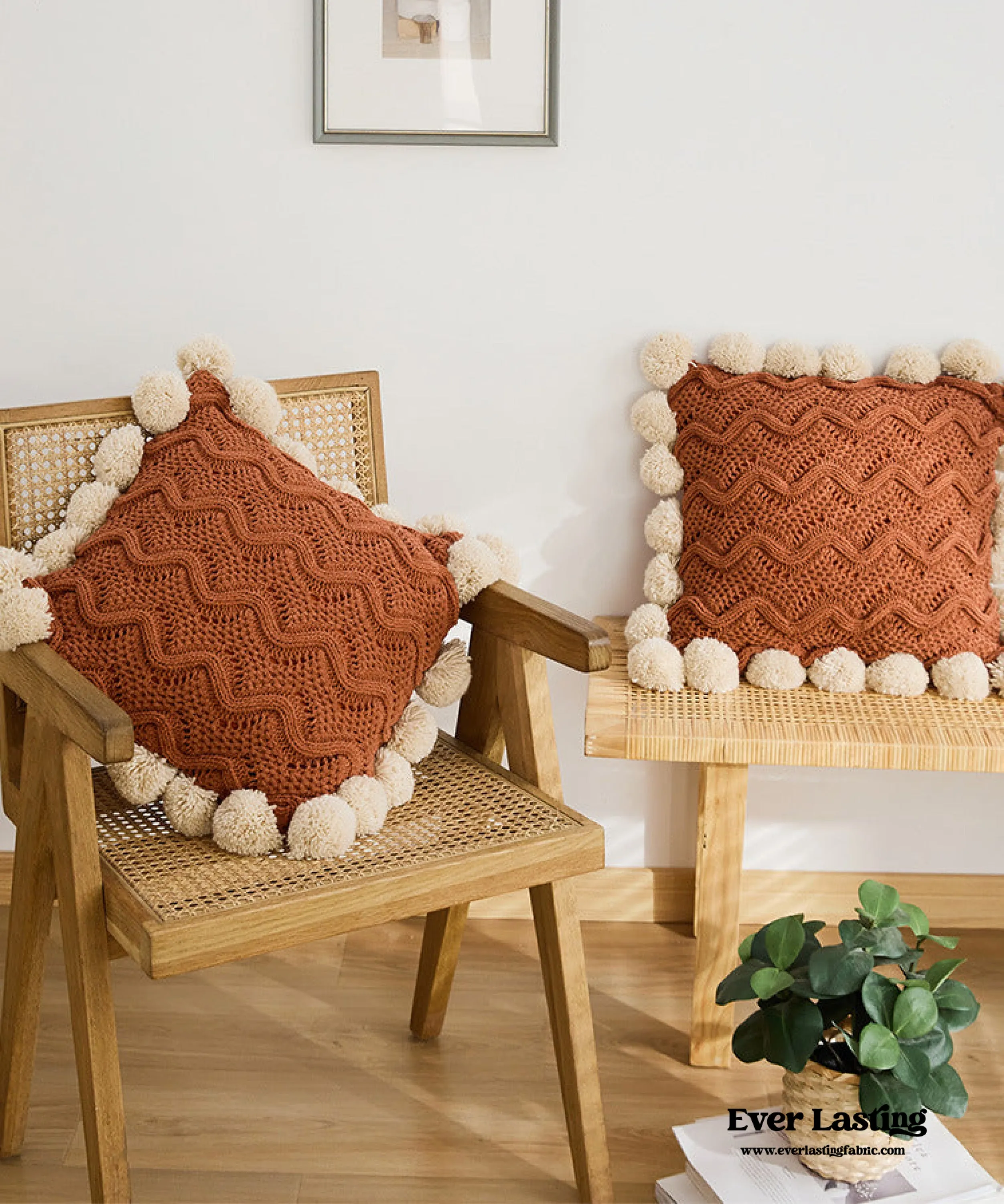 Fuzzy Ball Plush Knit Blanket & Pillow Set / Fire Brick Red