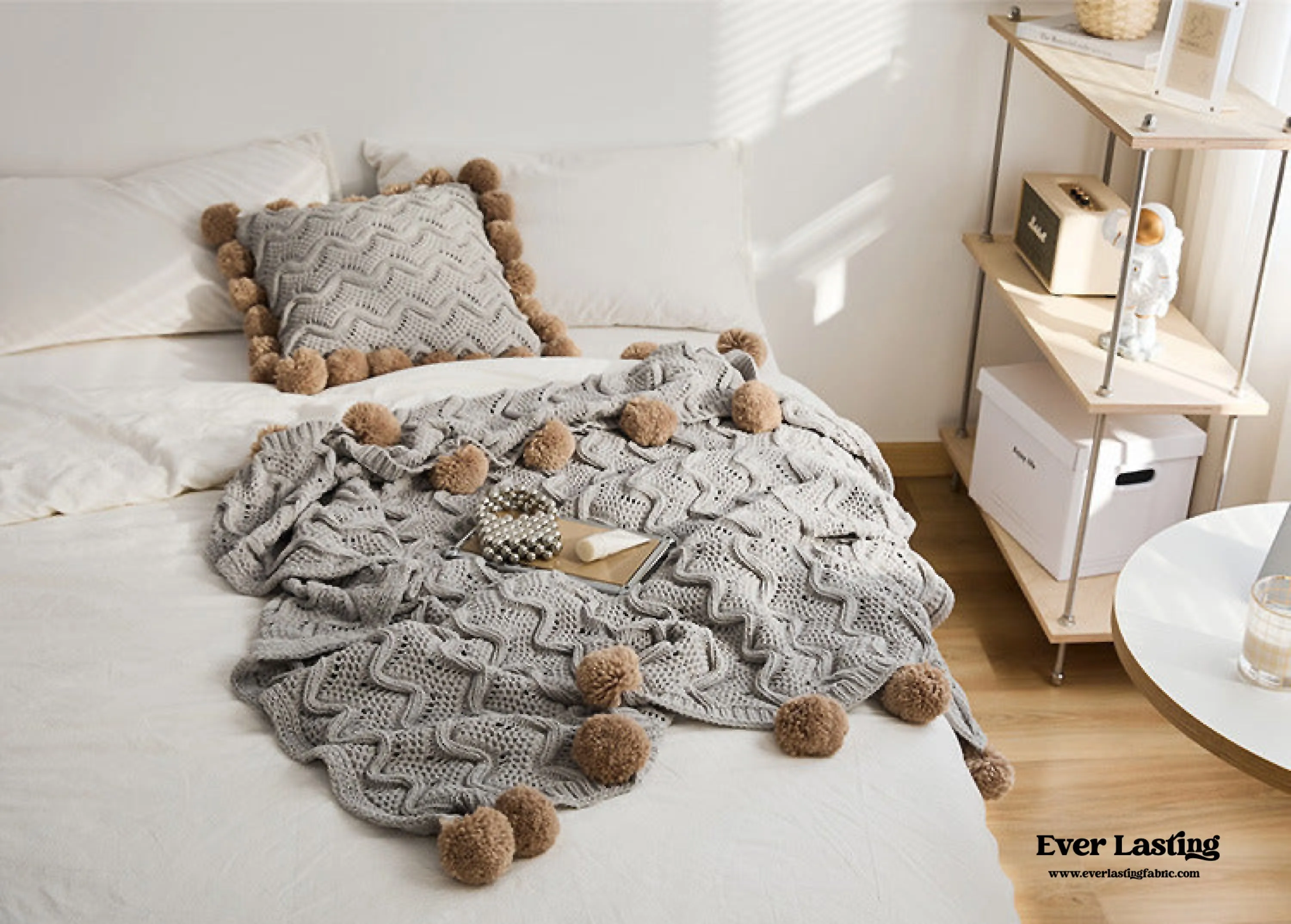 Fuzzy Ball Plush Knit Blanket & Pillow Set / Fire Brick Red