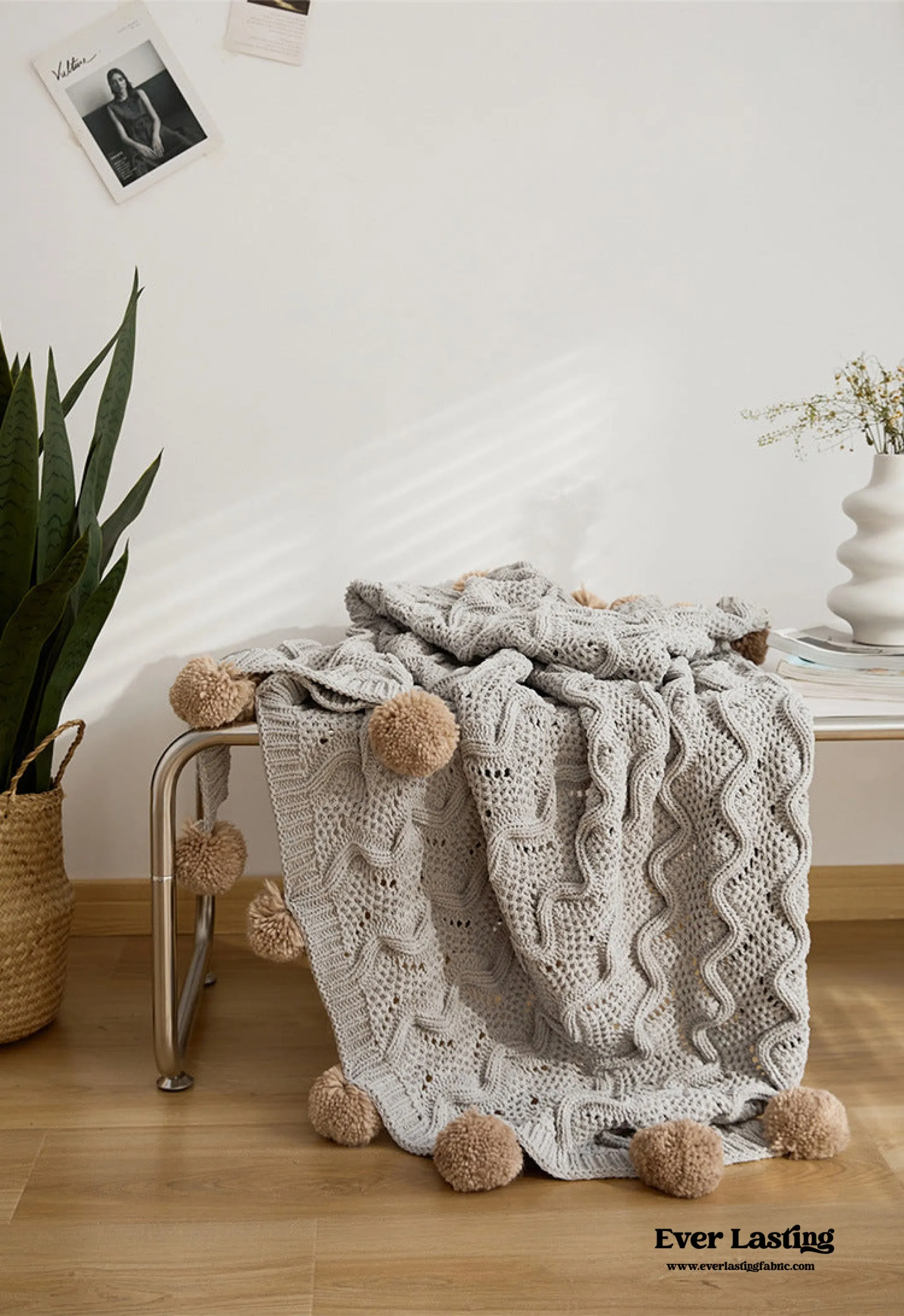 Fuzzy Ball Plush Knit Blanket & Pillow Set / Fire Brick Red