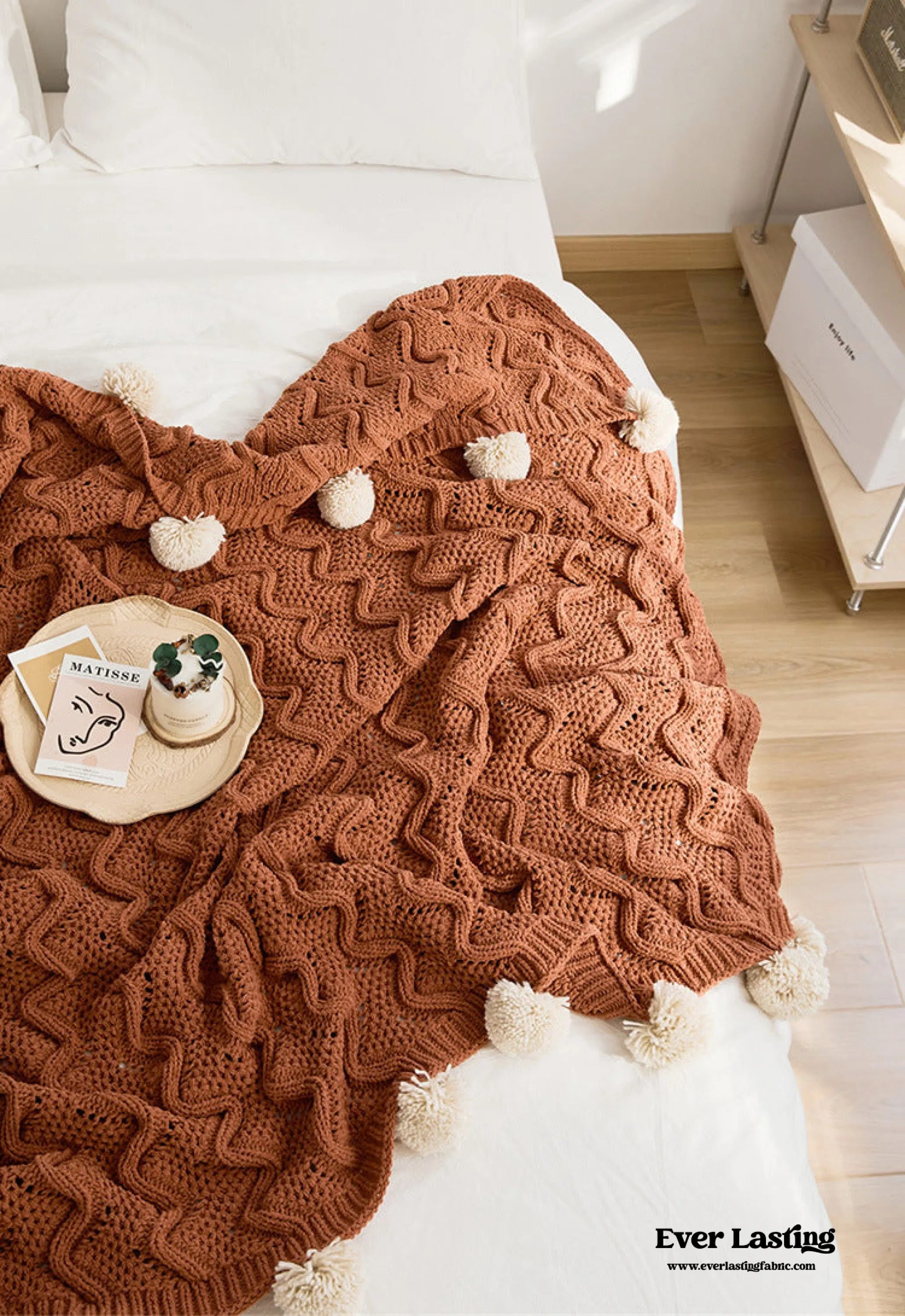 Fuzzy Ball Plush Knit Blanket & Pillow Set / Fire Brick Red
