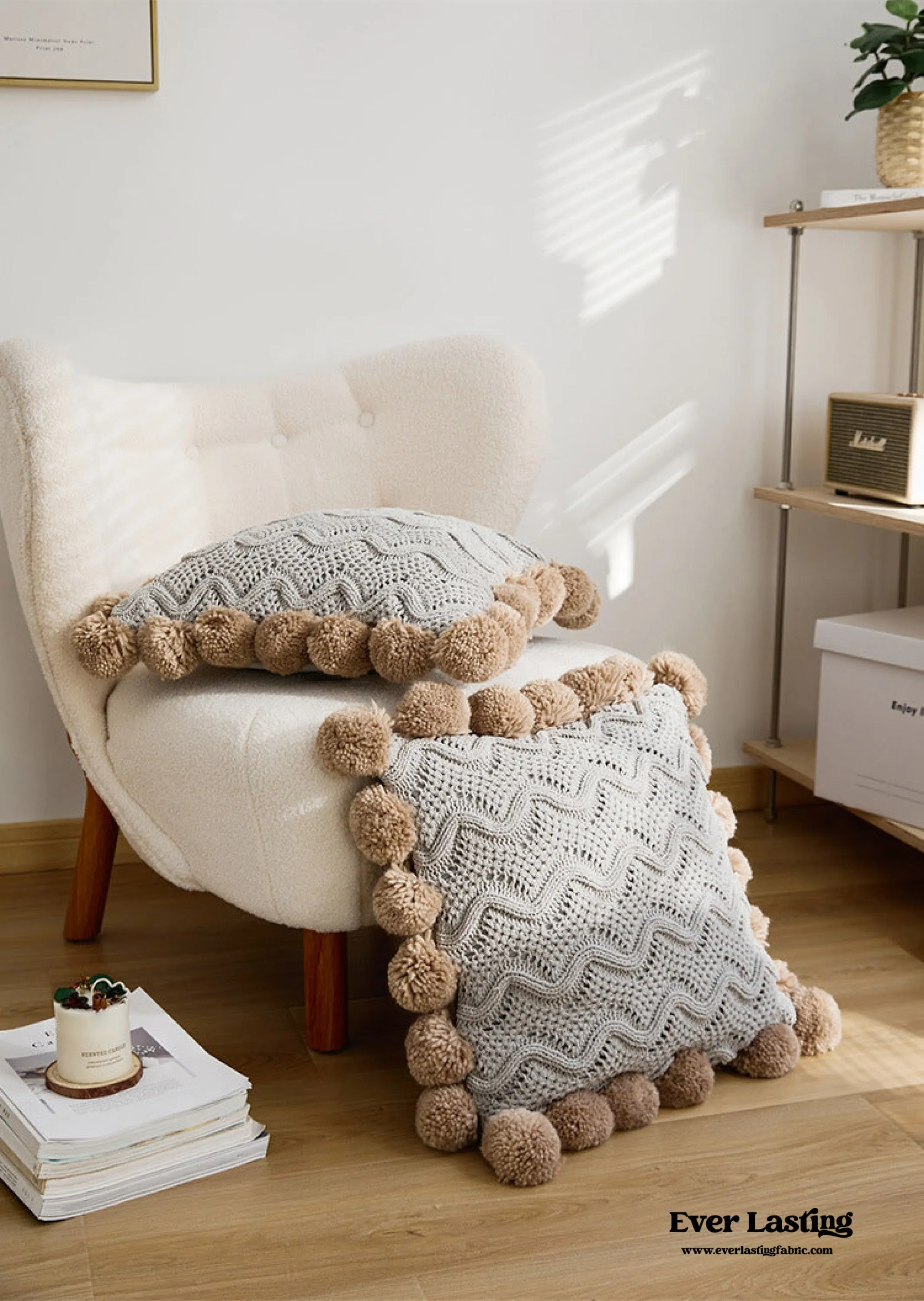 Fuzzy Ball Plush Knit Blanket & Pillow Set / Fire Brick Red