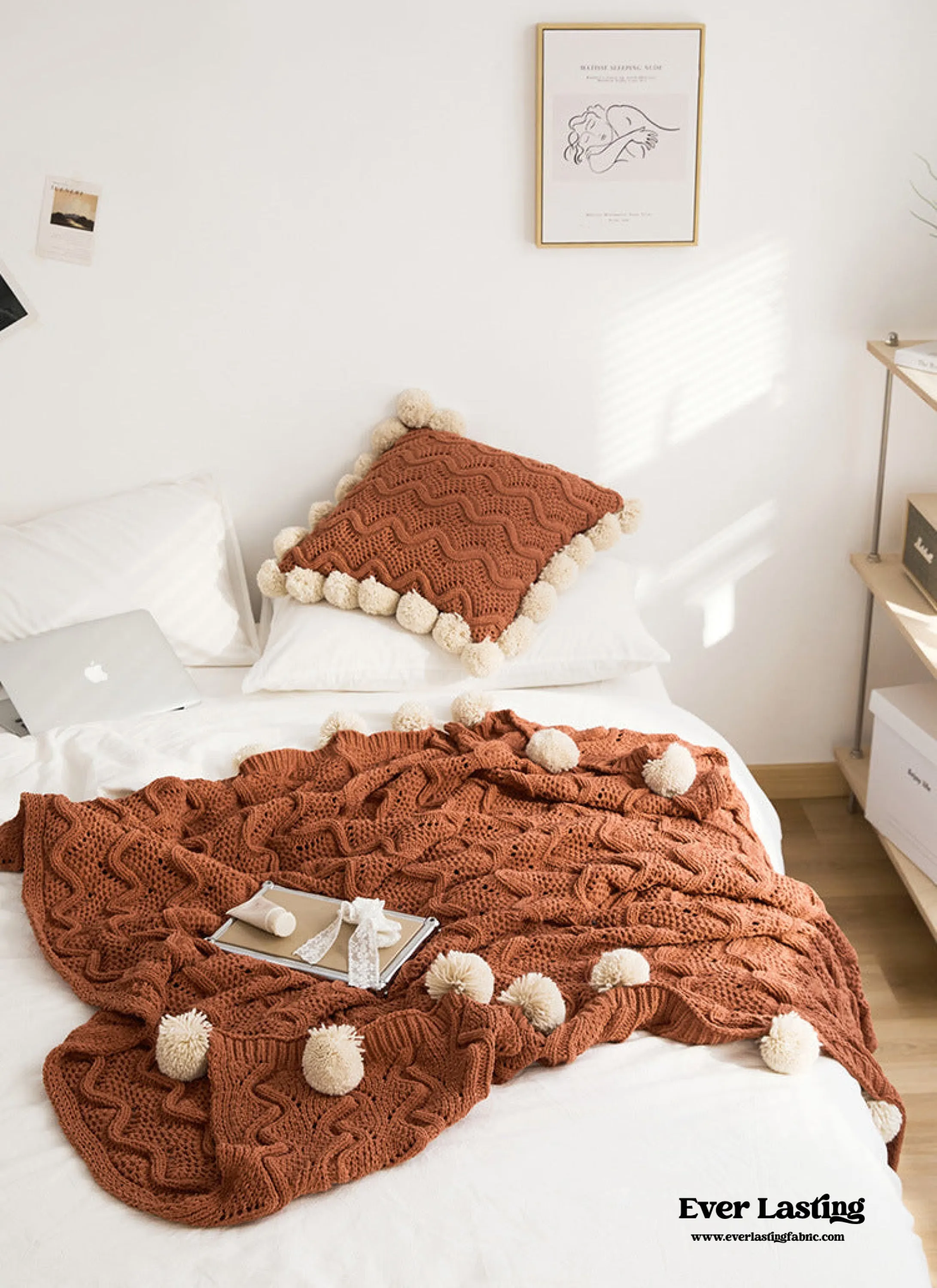 Fuzzy Ball Plush Knit Blanket & Pillow Set / Fire Brick Red