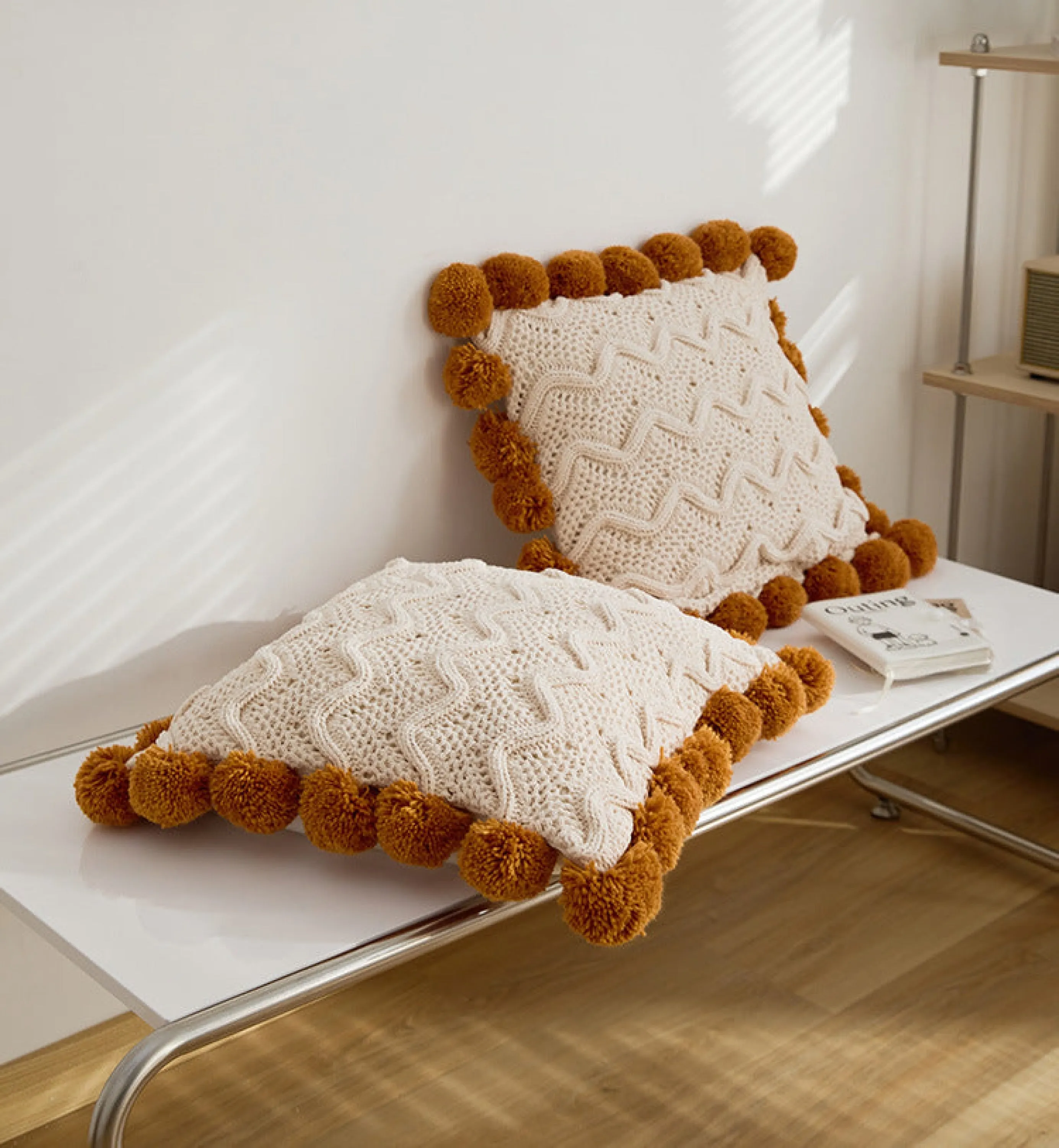 Fuzzy Ball Plush Knit Blanket & Pillow Set / Fire Brick Red