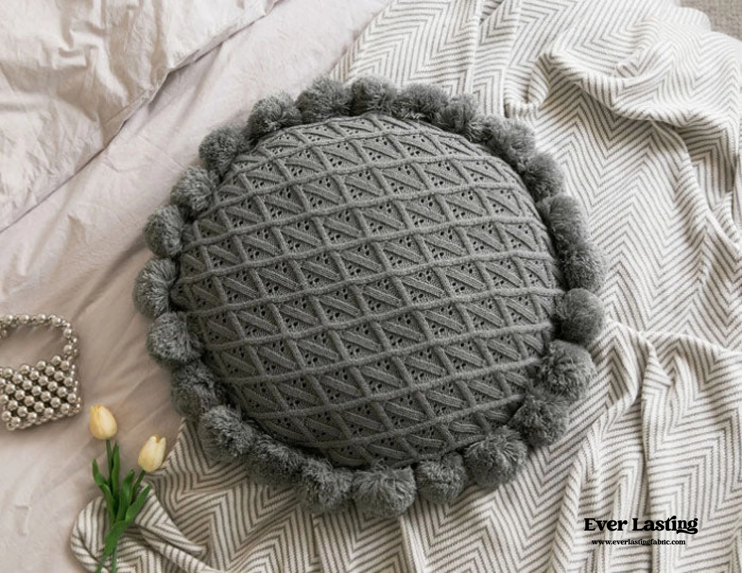 Fuzzy Ball Round Pillow / Pumpkin Orange