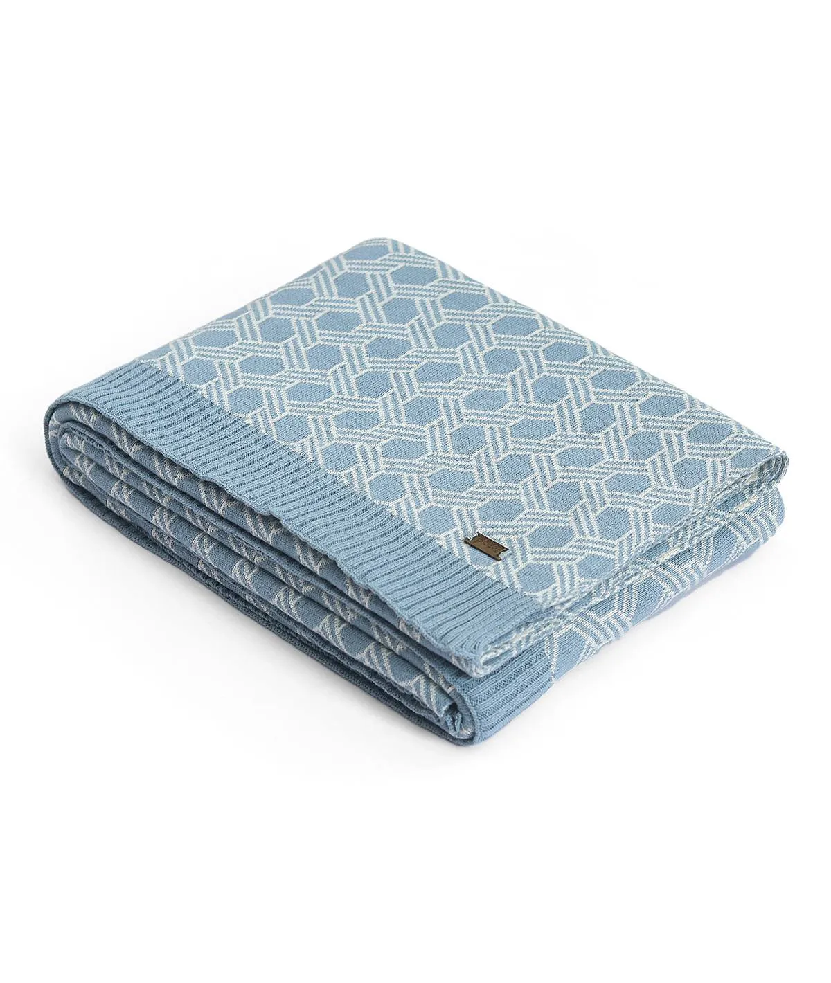 Geometric Alice Blue & Natural Color 100% Cotton Knitted All Season AC Throw Blanket