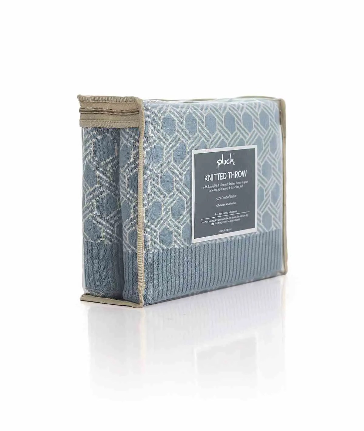 Geometric Alice Blue & Natural Color 100% Cotton Knitted All Season AC Throw Blanket