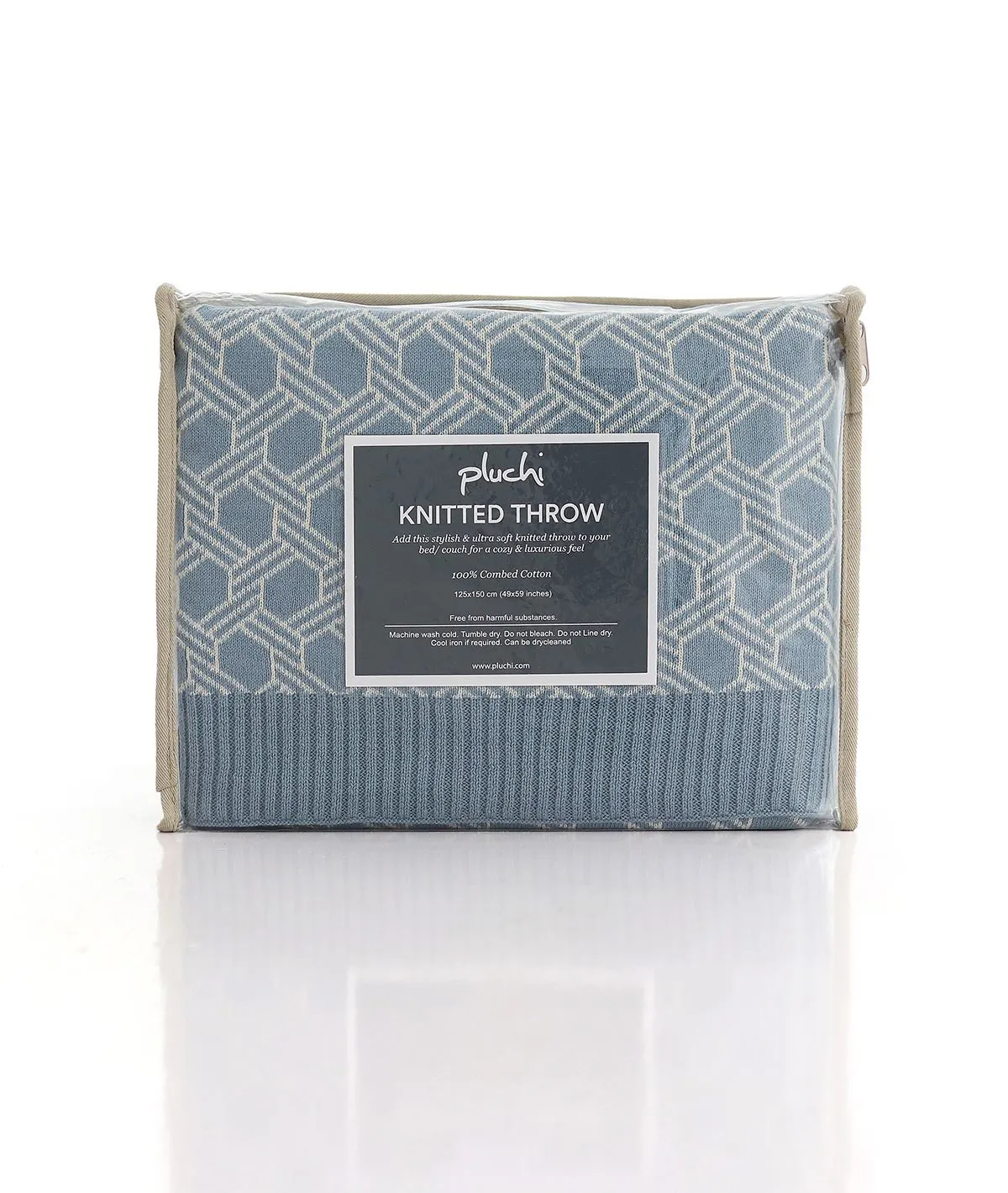 Geometric Alice Blue & Natural Color 100% Cotton Knitted All Season AC Throw Blanket