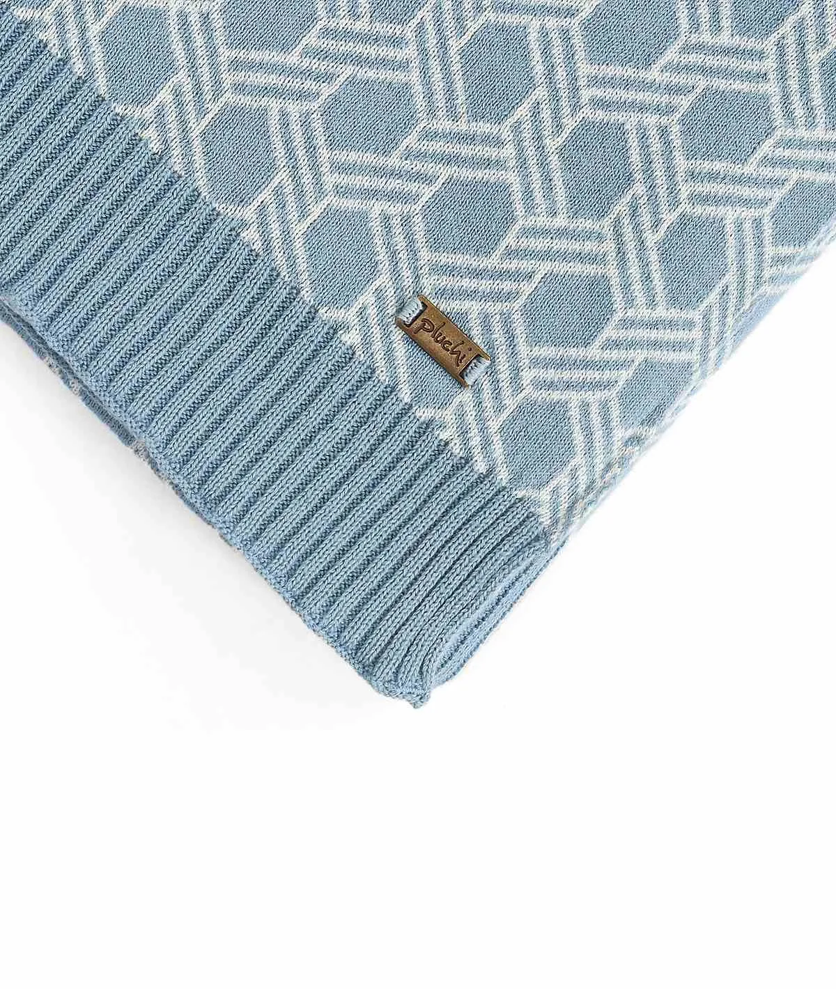 Geometric Alice Blue & Natural Color 100% Cotton Knitted All Season AC Throw Blanket
