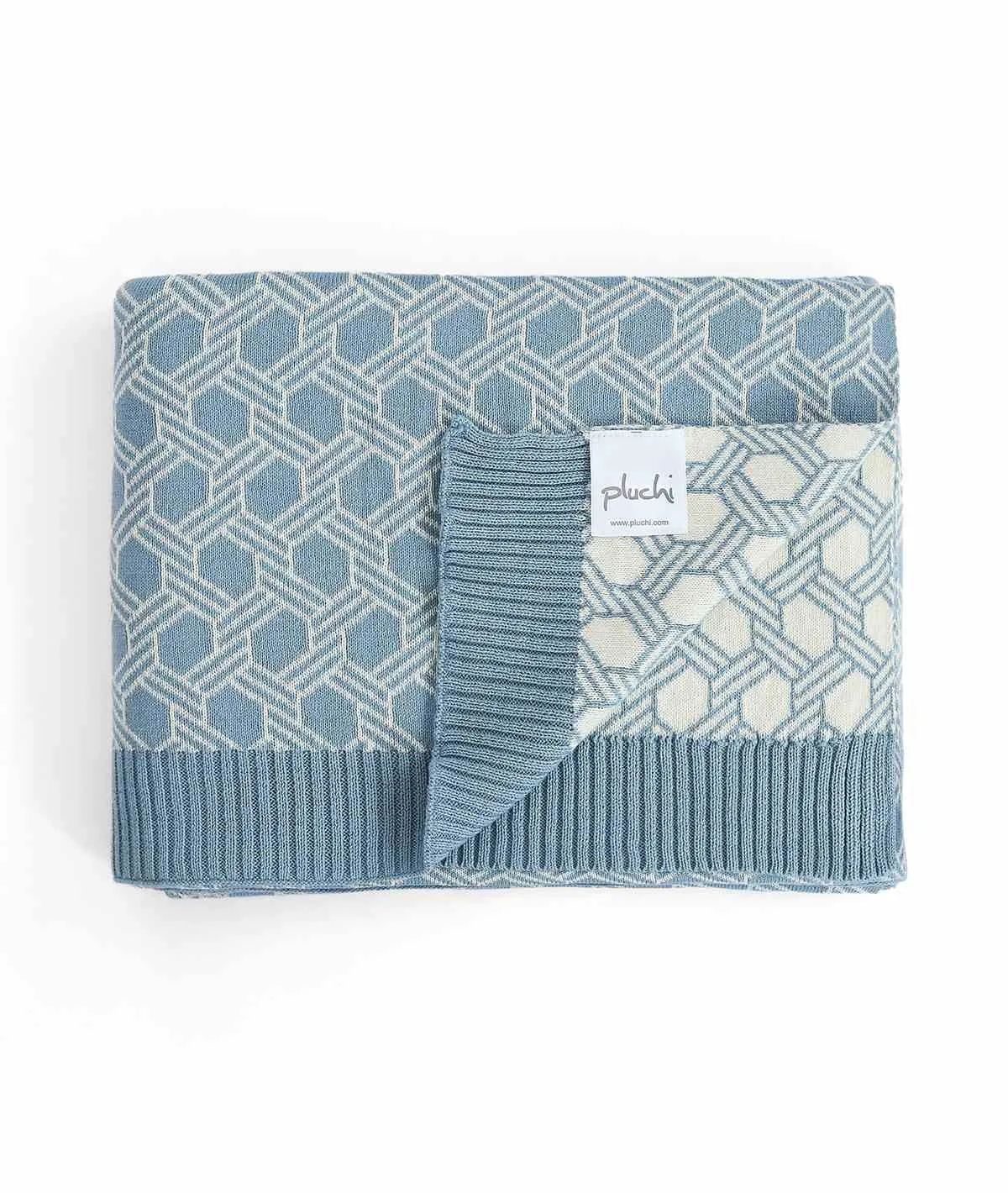 Geometric Alice Blue & Natural Color 100% Cotton Knitted All Season AC Throw Blanket