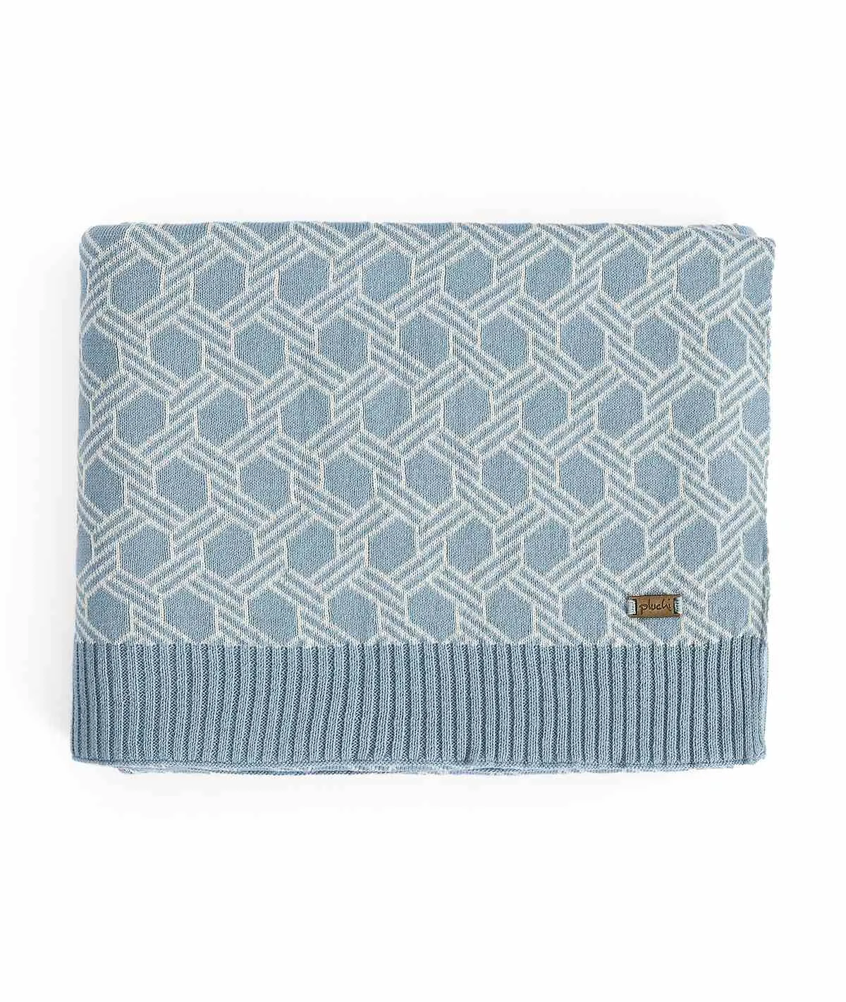 Geometric Alice Blue & Natural Color 100% Cotton Knitted All Season AC Throw Blanket