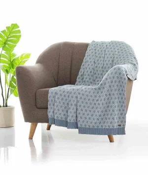 Geometric Alice Blue & Natural Color 100% Cotton Knitted All Season AC Throw Blanket