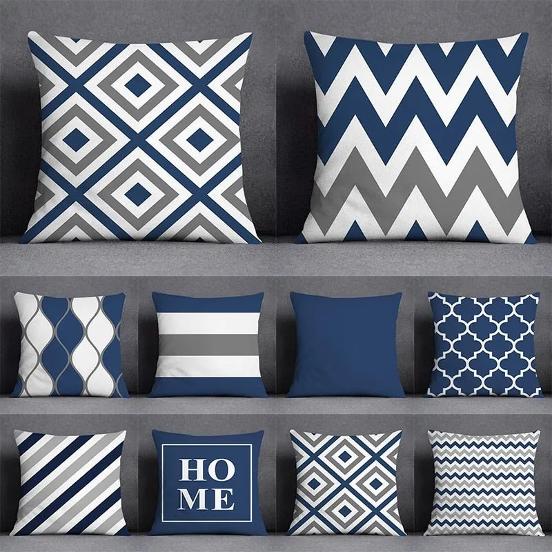Geometric Pattern Polyester Blue Grey Cushion Cover