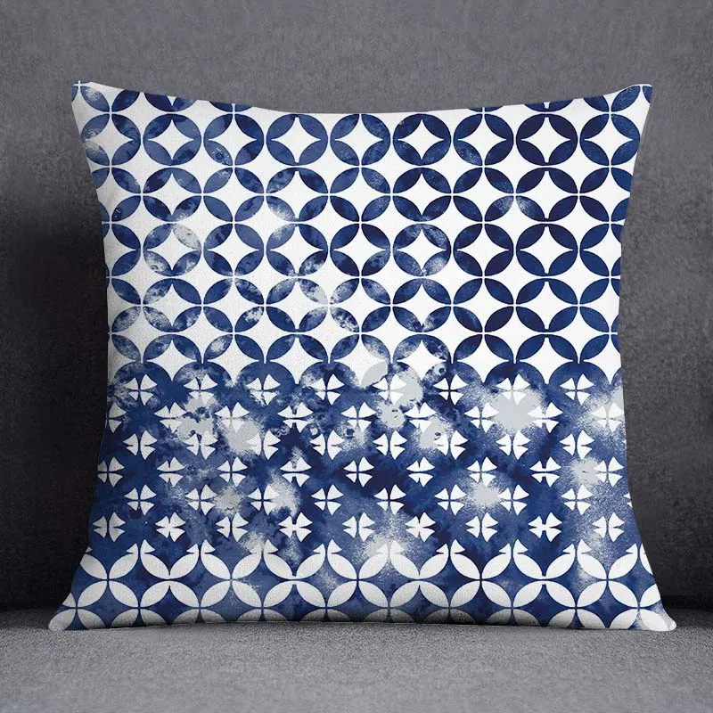 Geometric Pattern Polyester Blue Grey Cushion Cover