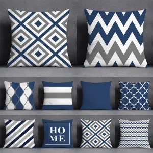 Geometric Pattern Polyester Blue Grey Cushion Cover