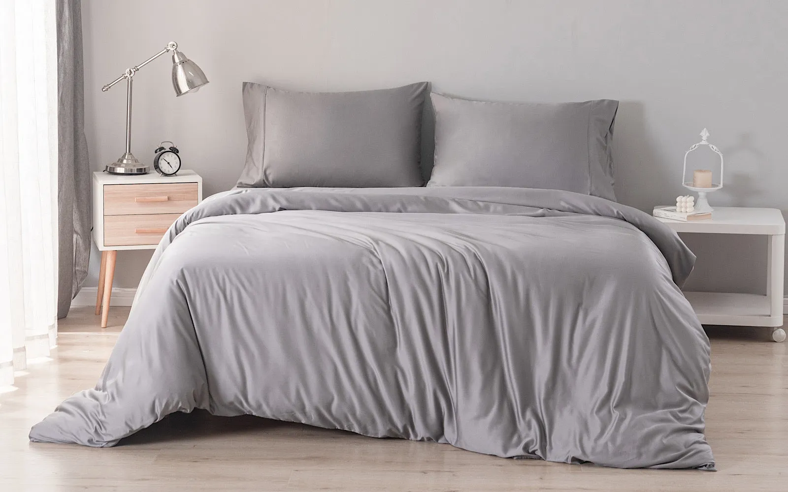 Grey Super King Size GF 100% Organic Bamboo 300tc Luxurious sateen weave Bedding Set Duvet Cover, Extra Deep 40cm Fitted Sheet, 2 x Pillow Cases