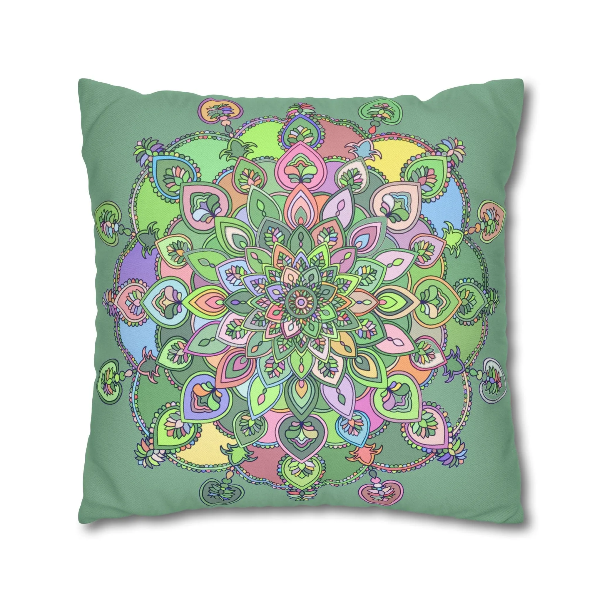 Handmade Mandala Art Pillowcase - Pastel Colors and Light Moss Green