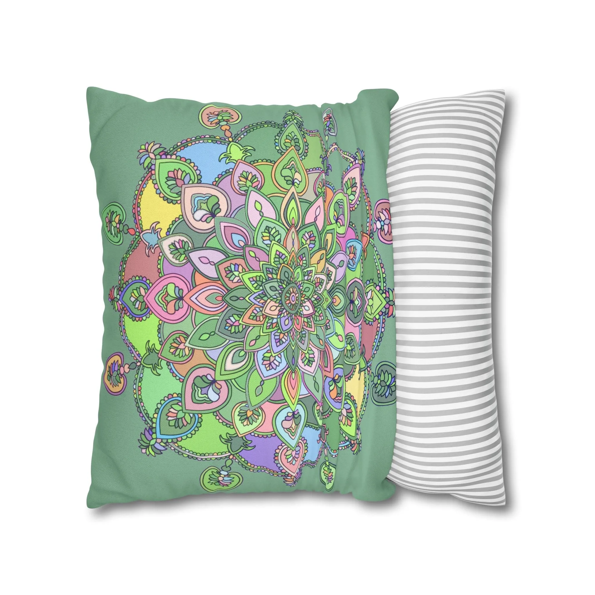 Handmade Mandala Art Pillowcase - Pastel Colors and Light Moss Green