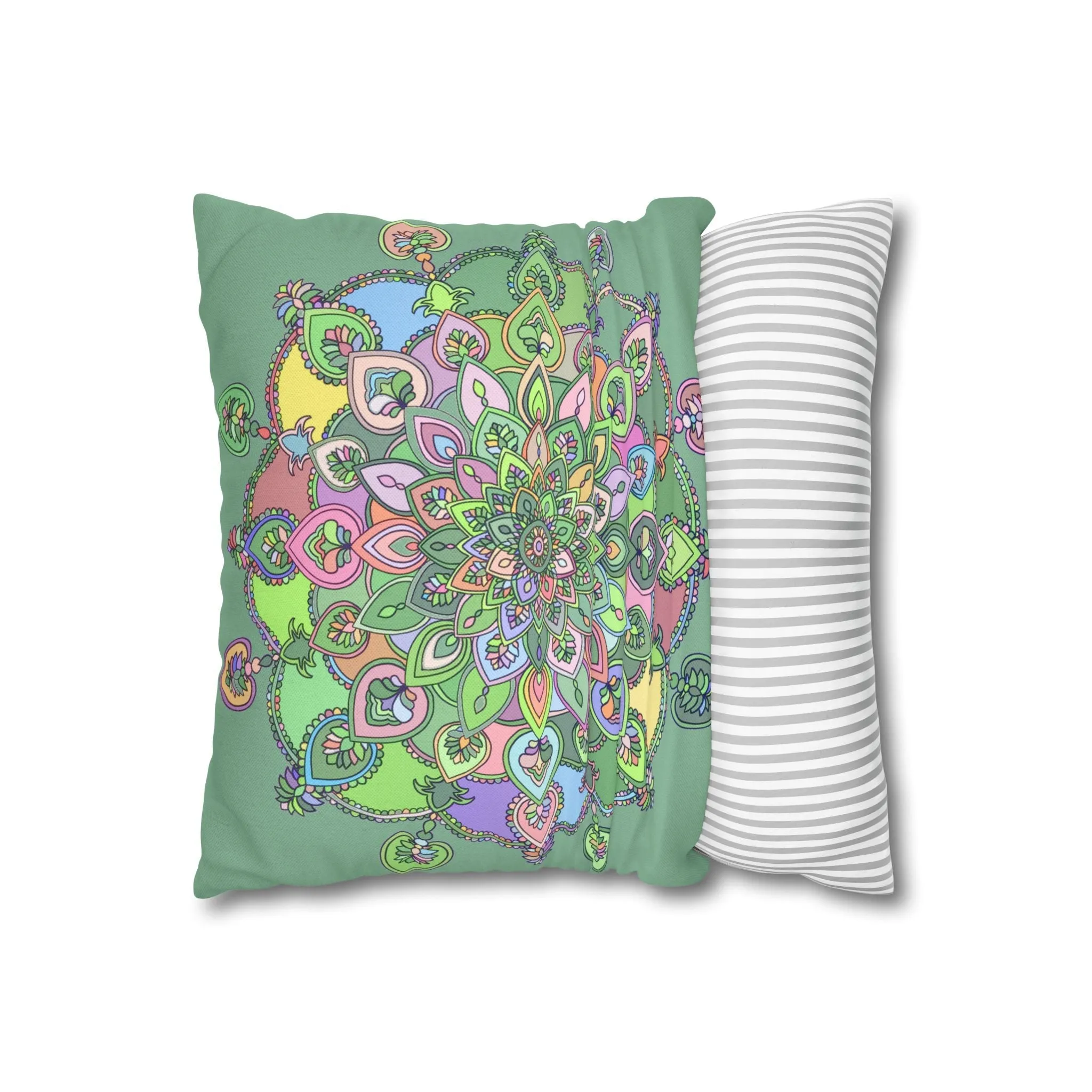 Handmade Mandala Art Pillowcase - Pastel Colors and Light Moss Green
