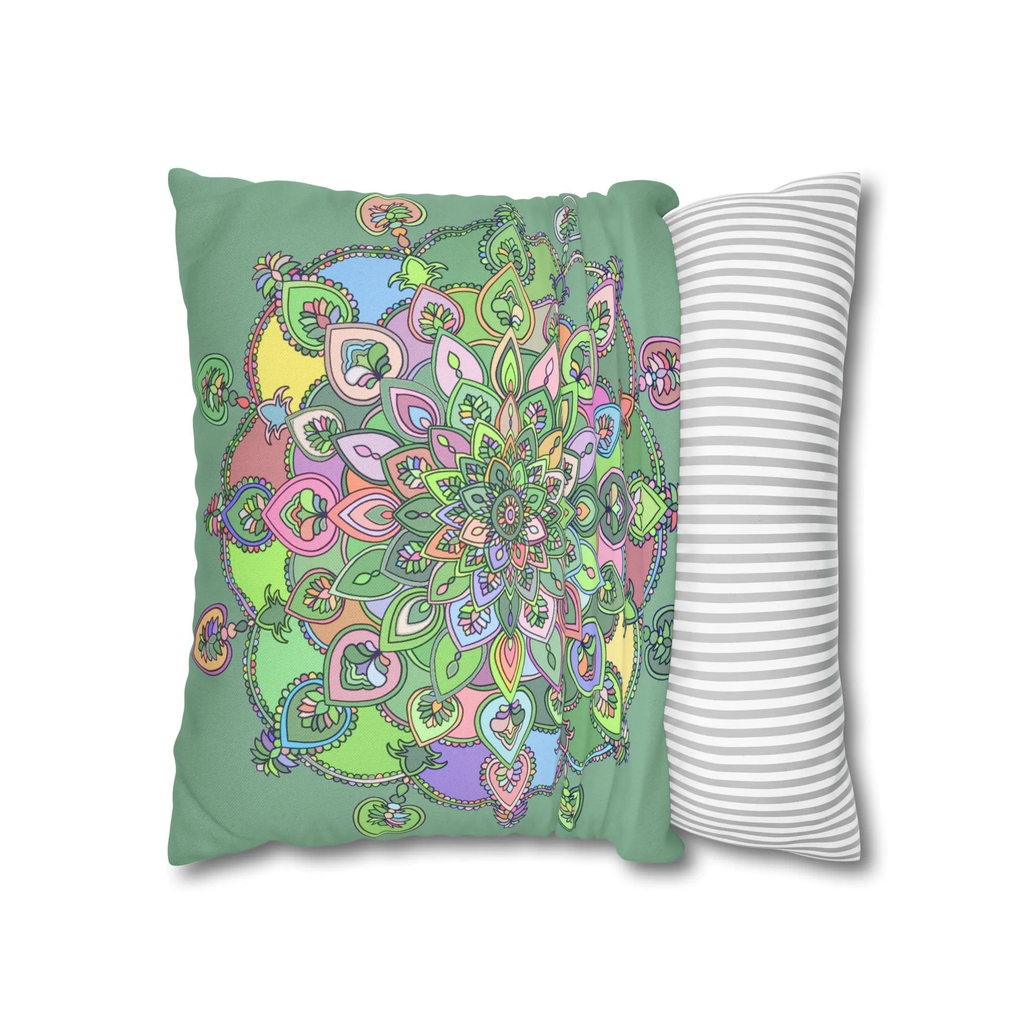 Handmade Mandala Art Pillowcase - Pastel Colors and Light Moss Green