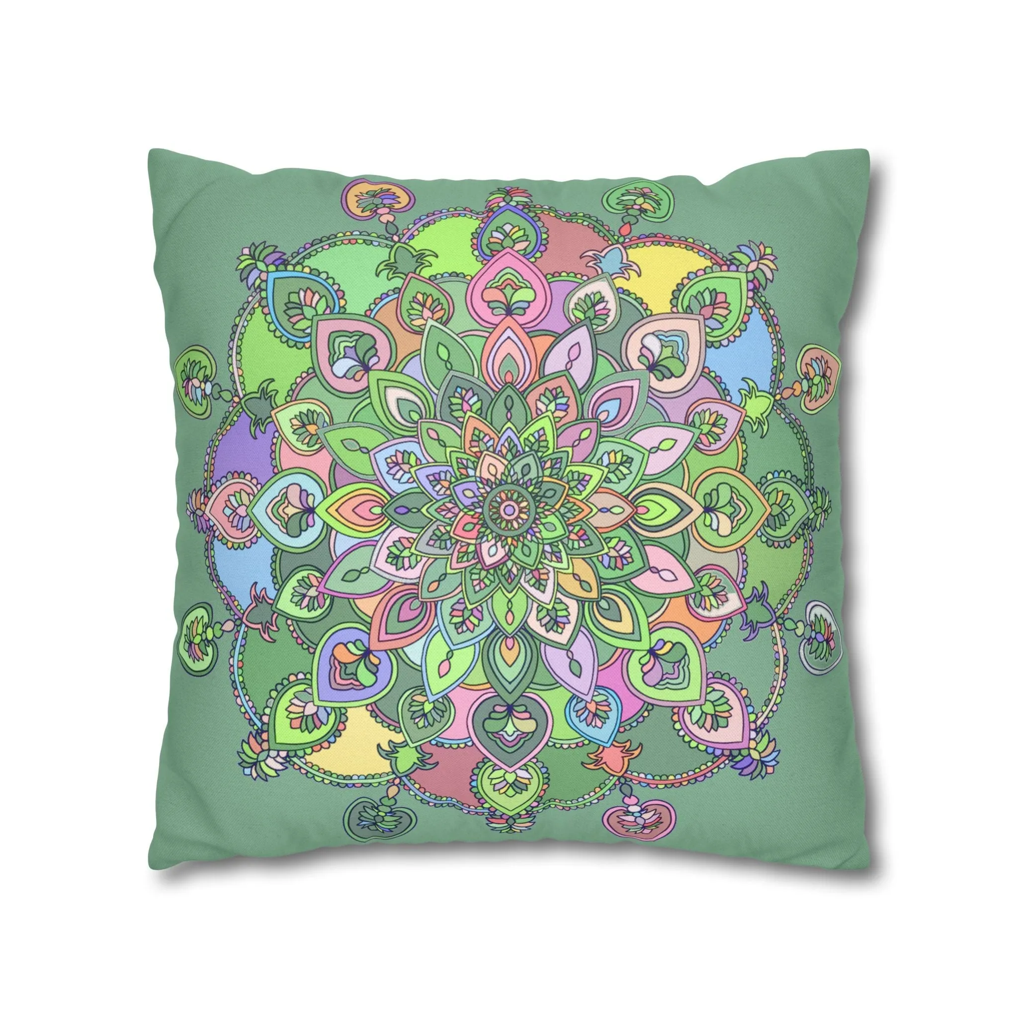 Handmade Mandala Art Pillowcase - Pastel Colors and Light Moss Green