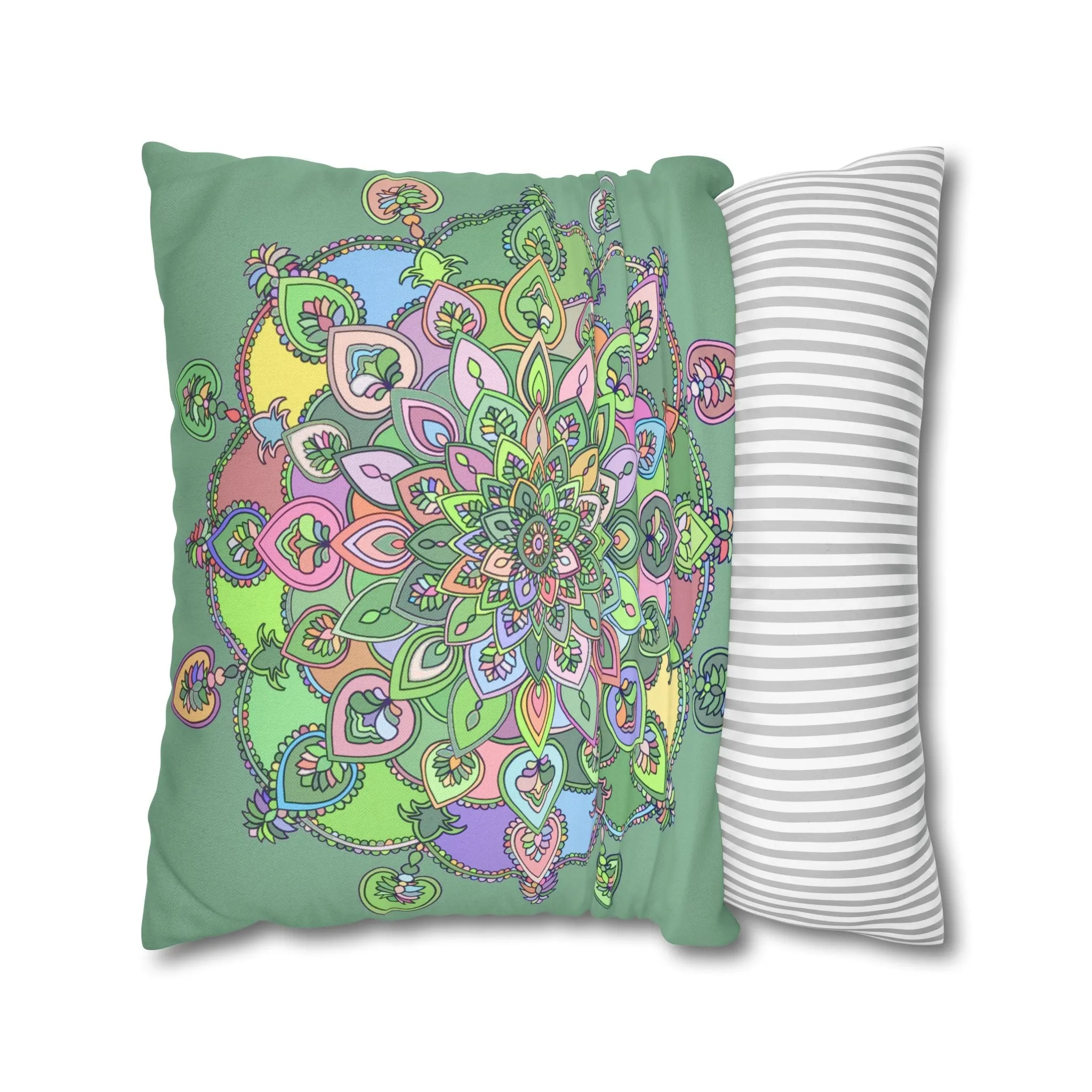 Handmade Mandala Art Pillowcase - Pastel Colors and Light Moss Green